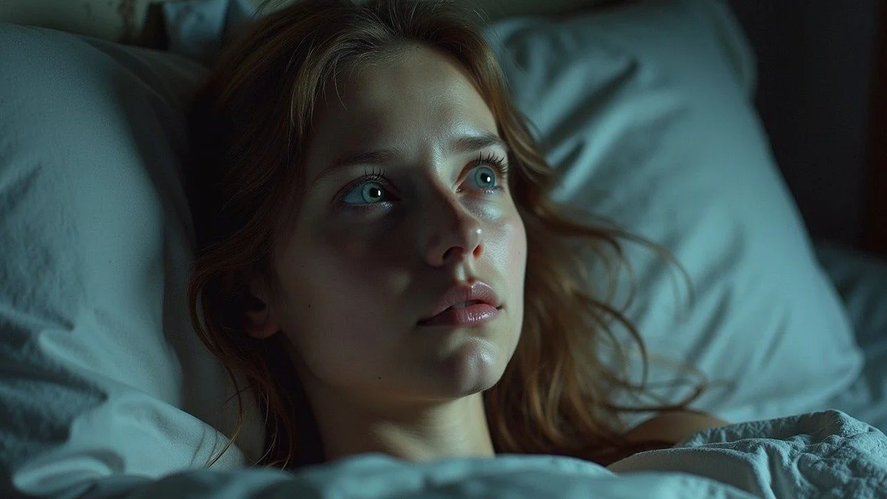 Woman lying awake in bed in the dark with a troubled or worried expression, illustrating the theme of nightmares and sleep disturbances potentially linked to dementia.