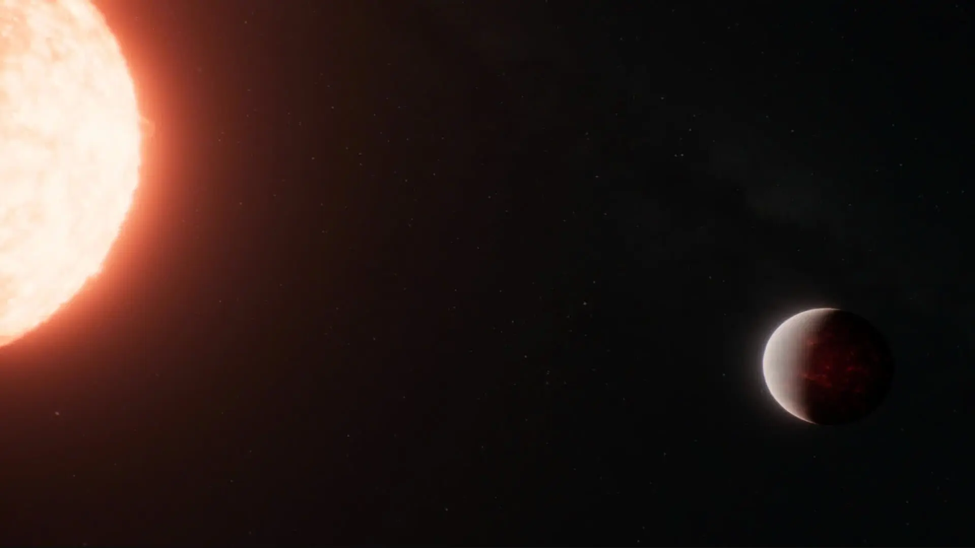 This artist’s concept shows what the hot super-Earth exoplanet TOI-561 b and its star could look like based on observations from NASA’s James Webb Space Telescope and other observatories. Webb data suggests that the planet is surrounded by a thick atmosphere above a magma ocean. (CREDIT: Illustration: NASA, ESA, CSA, Ralf Crawford (STScI))