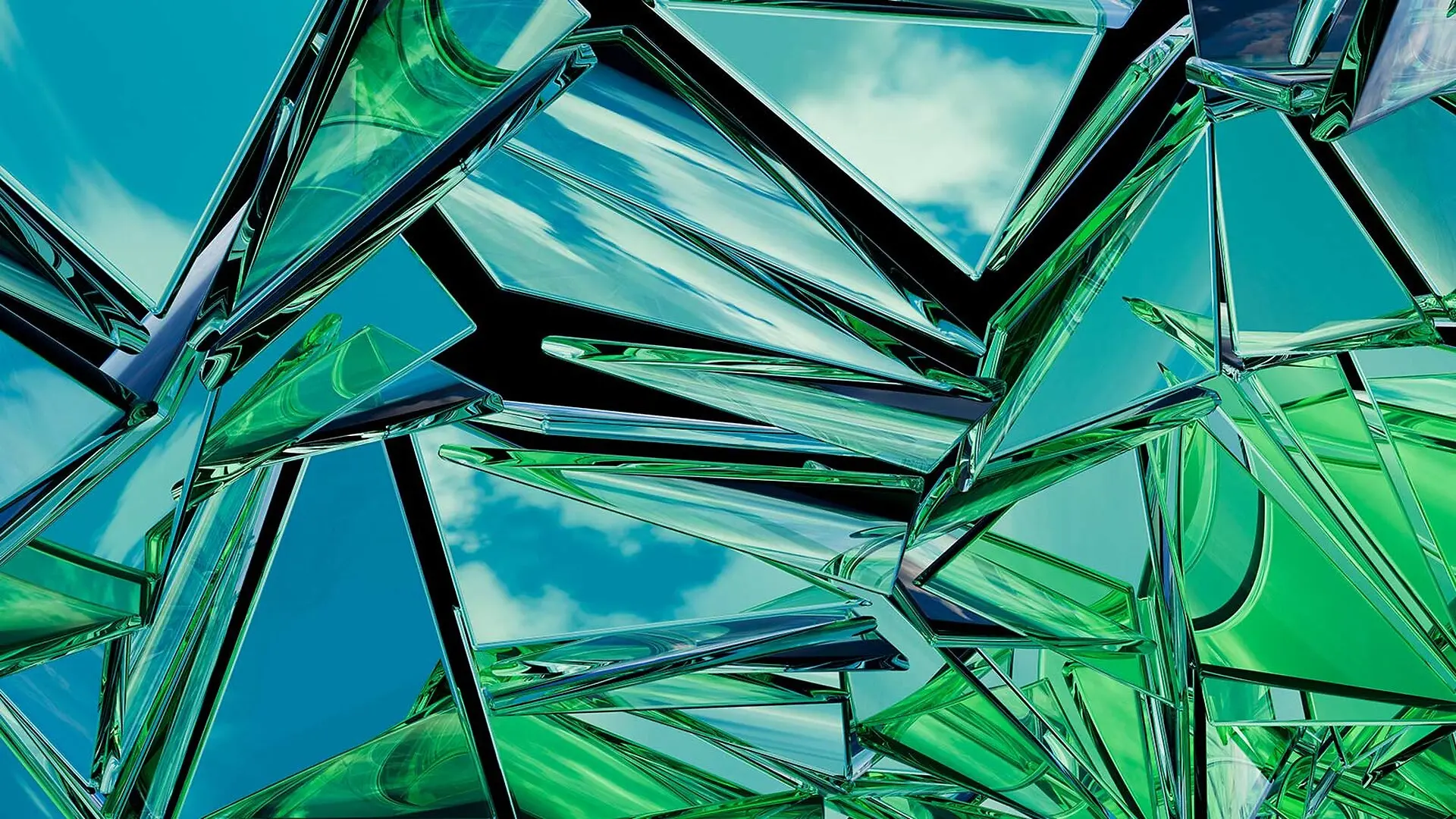 Green shards of glass on a black background.