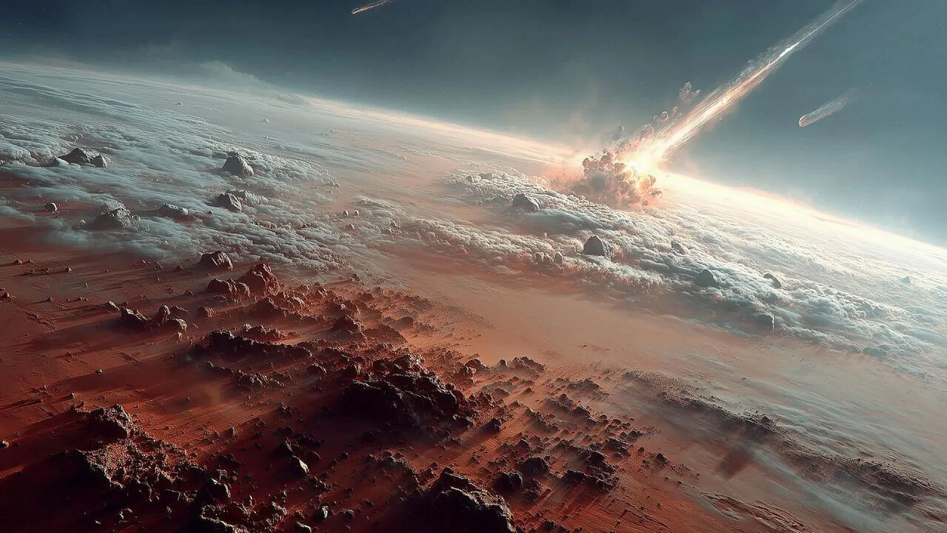 A bright explosion glows at the impact site with a long streak of fire trailing into the sky, while thick white clouds and rocky debris scatter across the horizon under a dark space background.