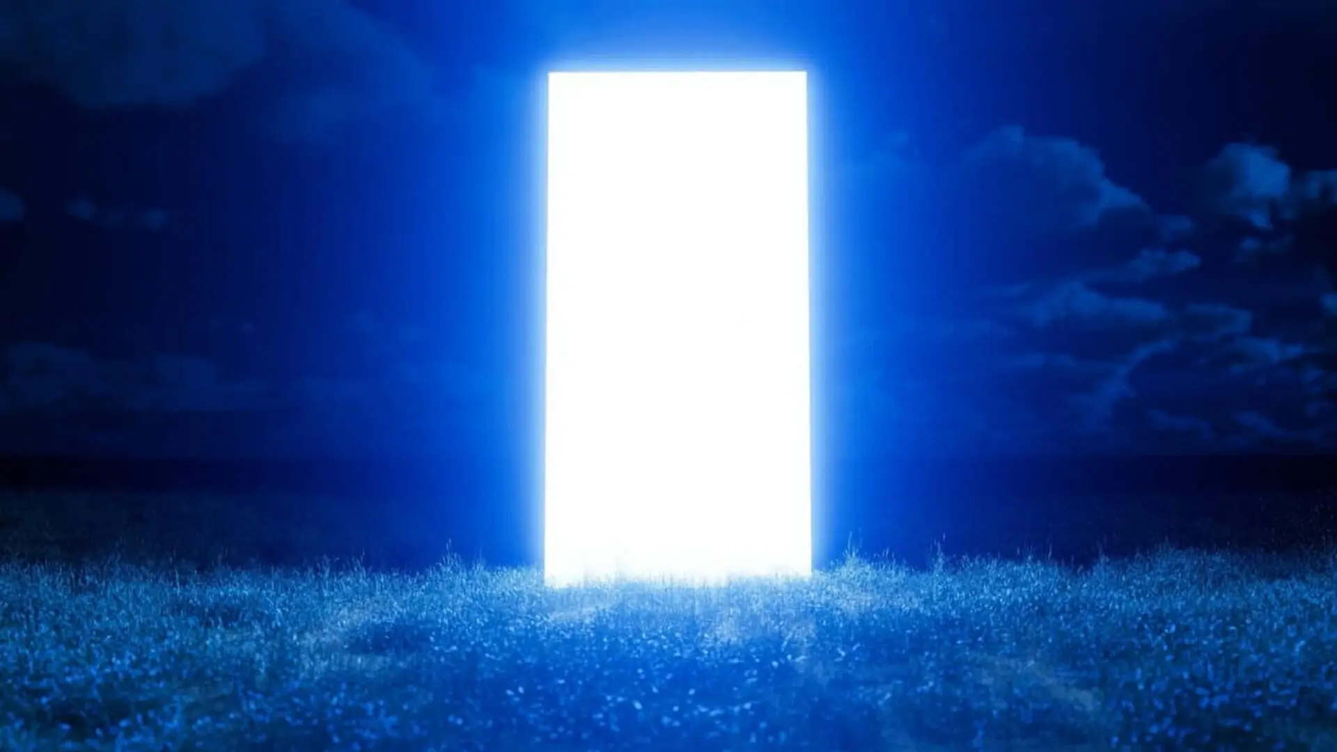 A Shimmering Rectangular Doorway Floating In A Field Of Grass At Night With A Blue Sky And Clouds In The Background Scaled