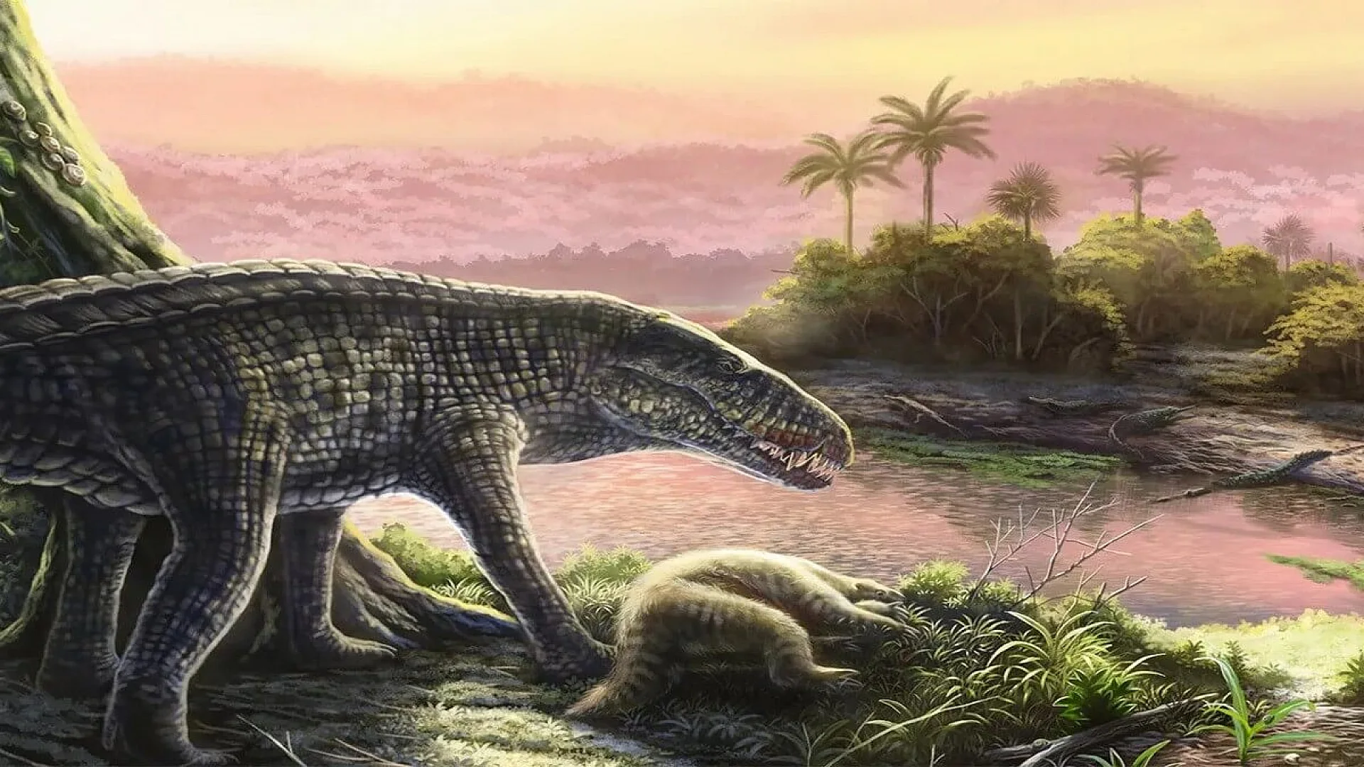 Ancient Reptile with Upright Stance Hunts Ground Sloth in Prehistoric Caribbean
