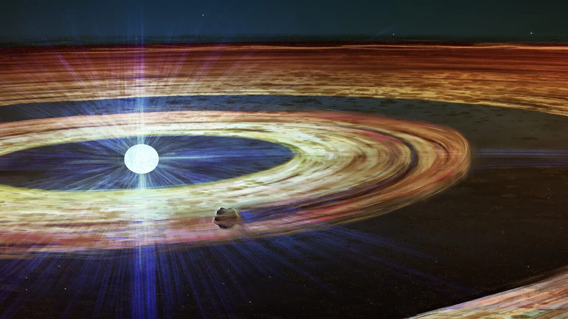 This illustration shows a debris disc around the white dwarf J1328−1450 –– the dead core of a star similar to our Sun that expelled its outer layers at the end of its lifetime. (CREDIT: ESO/L. Calçada)