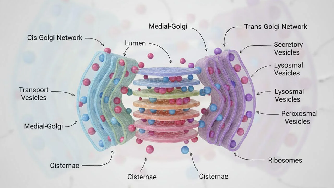 3D illustration of the Golgi apparatus showing color-coded cisternae stacks. Labeled components include Cis, Medial, and Trans networks with transport, secretory, and lysosomal vesicles budding off to represent the cell’s protein logistics hub.