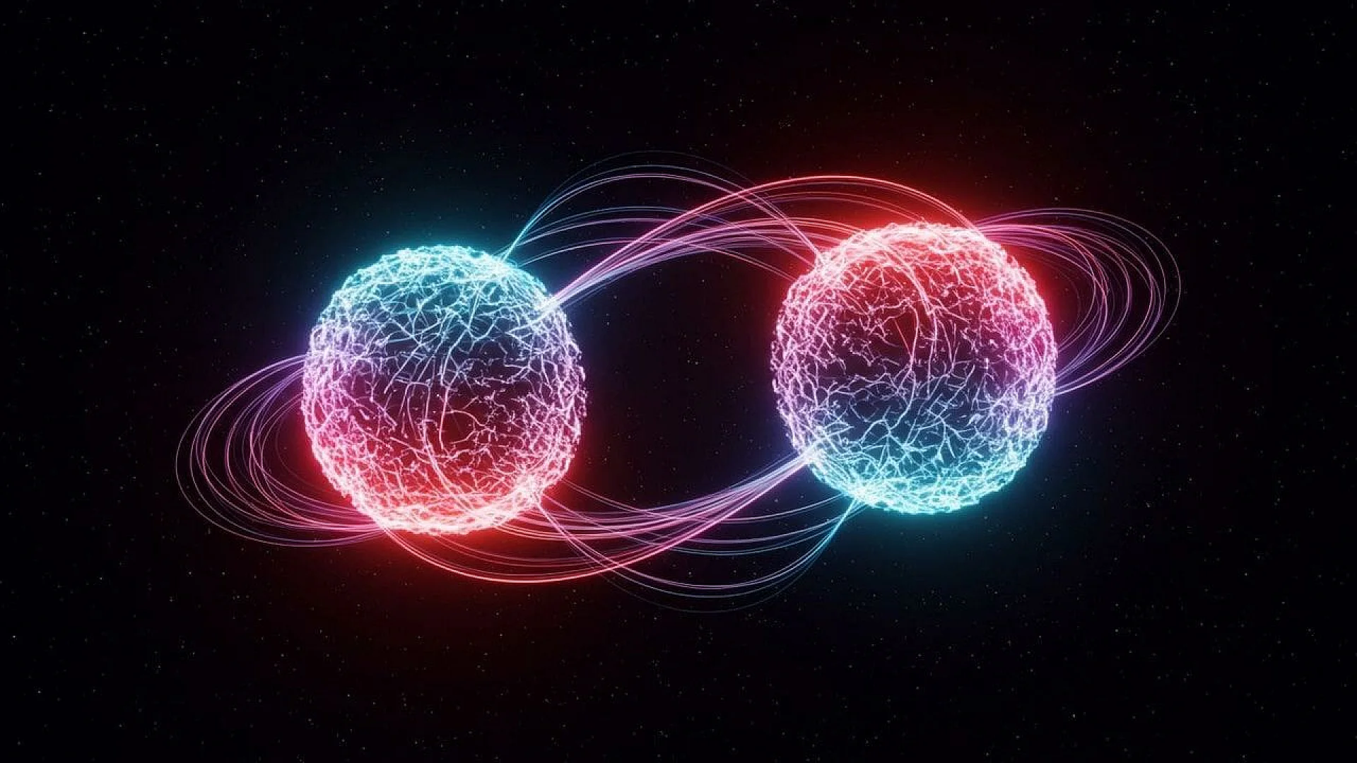 An artistic rendering of teleportation between two independent semiconductor quantum dots. This breakthrough utilizes frequency conversion to make quantum signals compatible with standard fiber-optic networks.