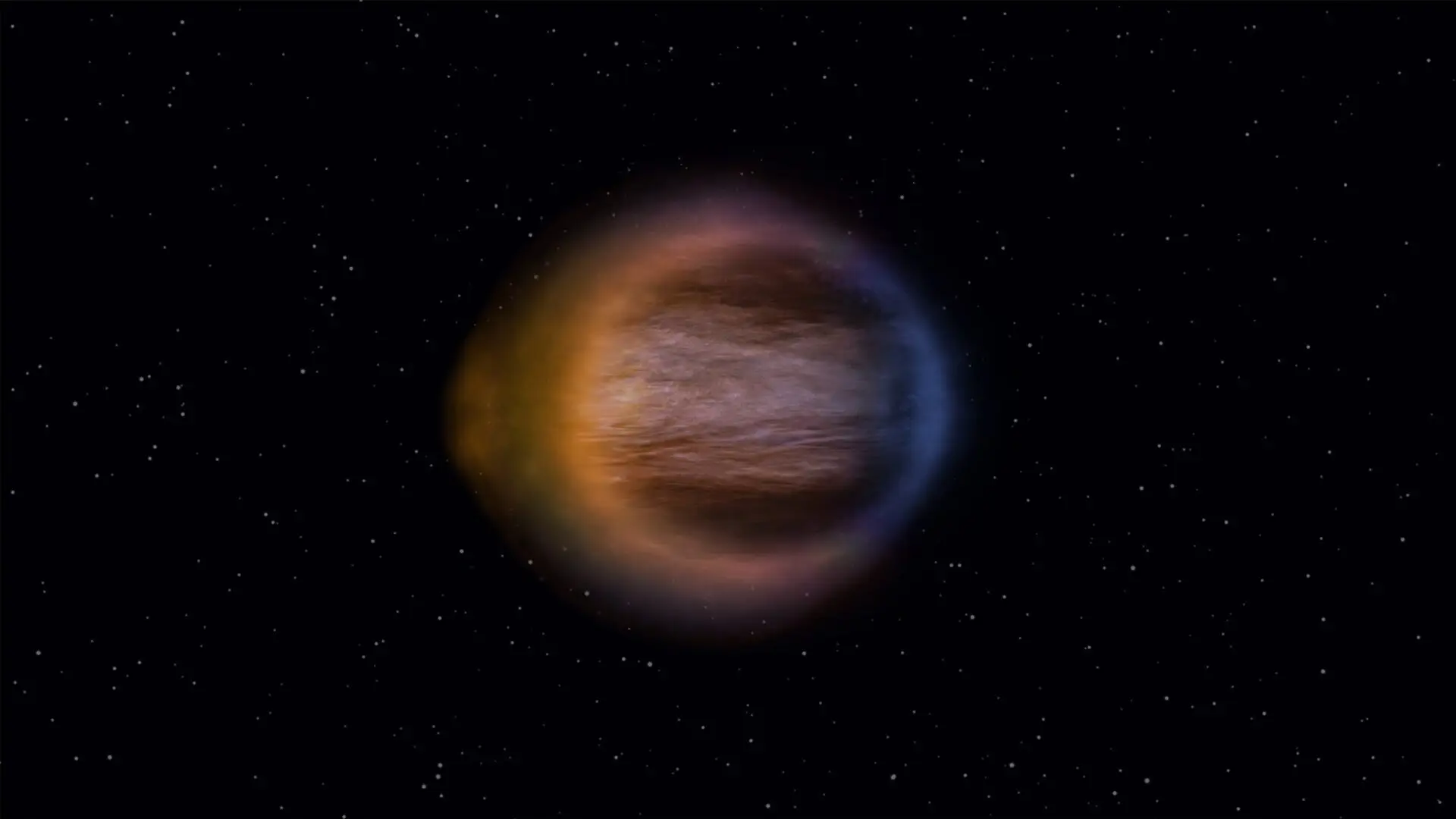 The shape of WASP-17b’s atmosphere mapped using transmission strings. The planet has a broad banded jet around the equator with vast wind speeds which transport material and heat from the permanently irradiated dayside to the permanently shadowed nightside. (CREDIT: Engine House and Hannah Wakeford)