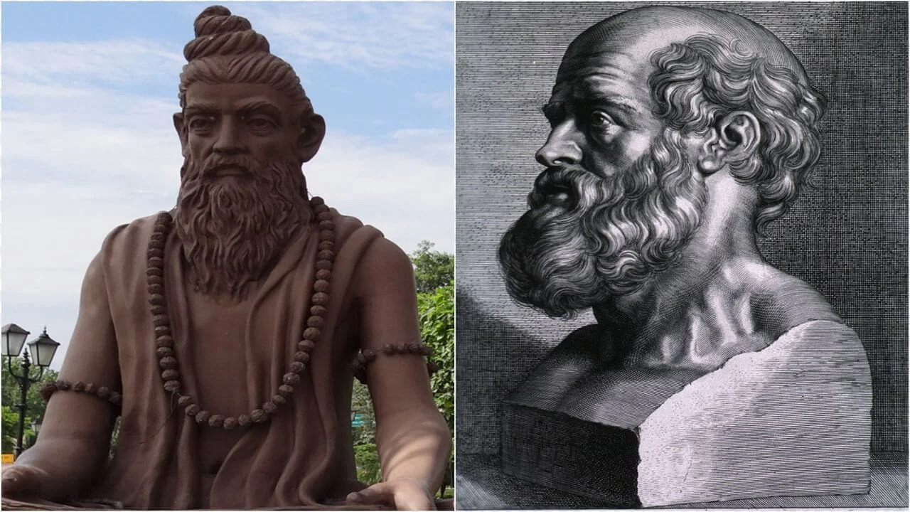 Side-by-side view of a statue of the Indian sage Charaka and a bust of the Greek physician Hippocrates.