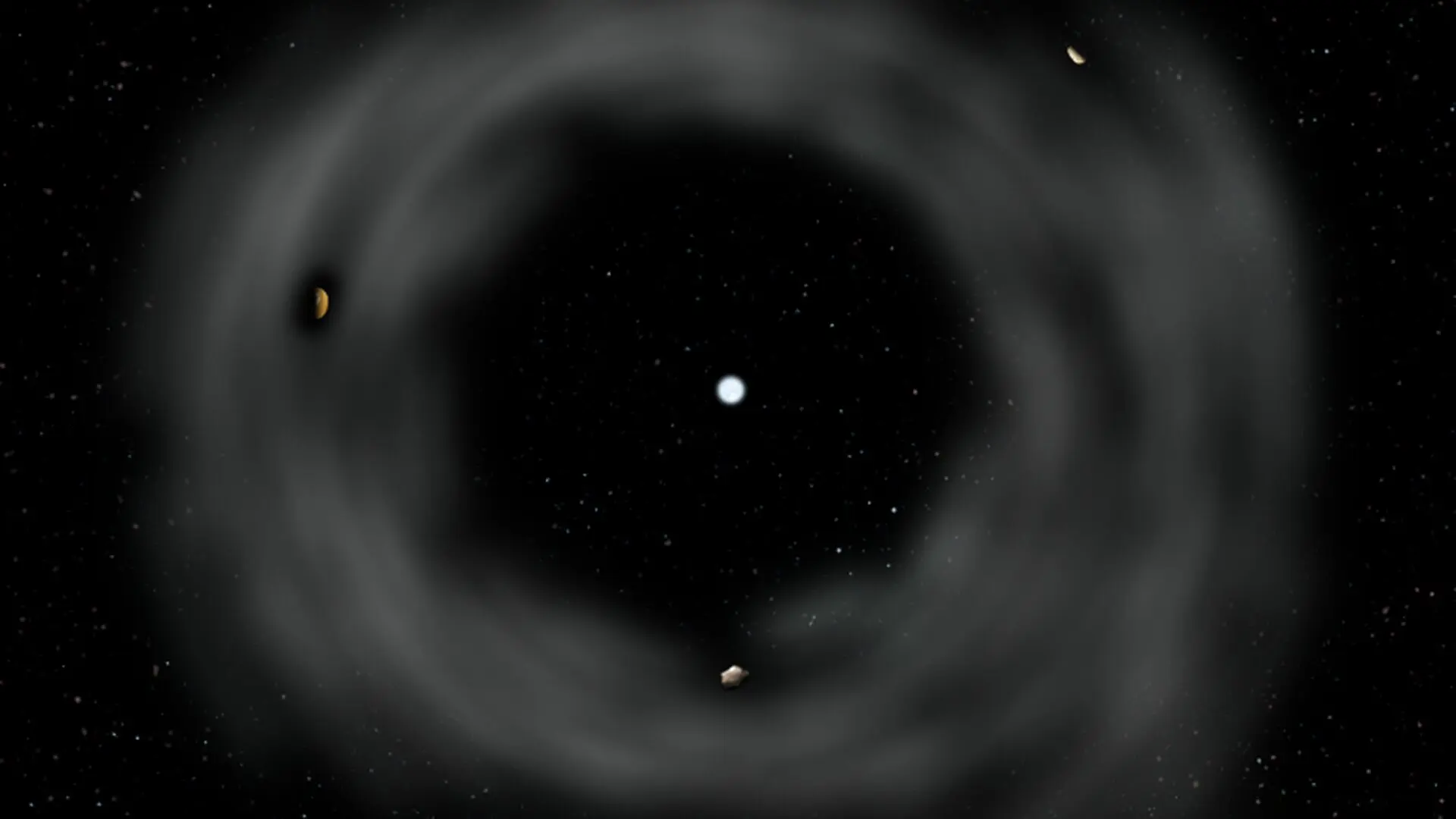 This artist's illustration shows a white dwarf star surrounded by a debris disk with three asteroids orbiting in the disk. (CREDIT: Pamela L. Gay / PSI)