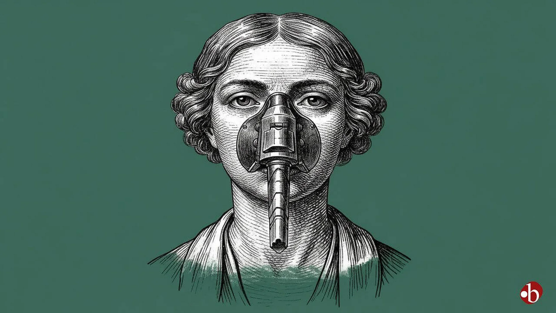 An illustration of a figure with a gas mask, representing research into nitrous oxide for fast-acting depression relief.