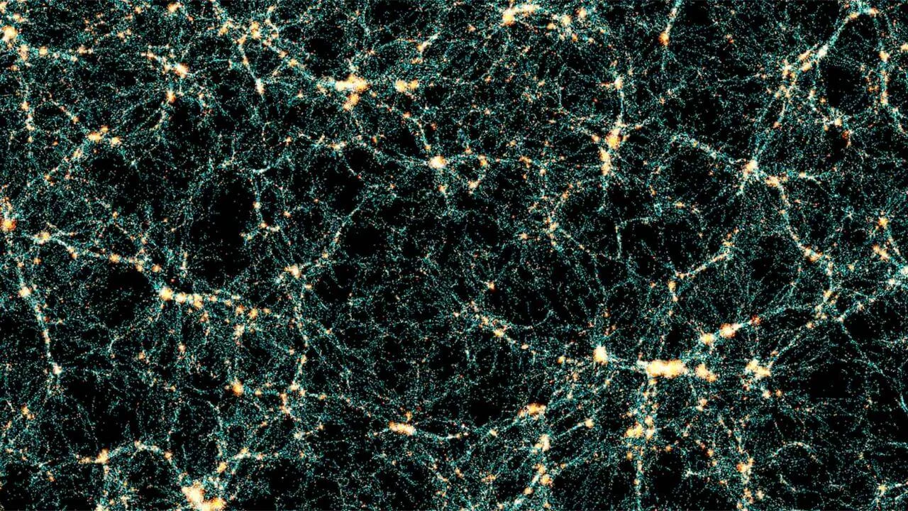 Euclid Flagship simulation visualization of galaxies with blue points as central galaxies and red points as satellite galaxies within dark matter haloes