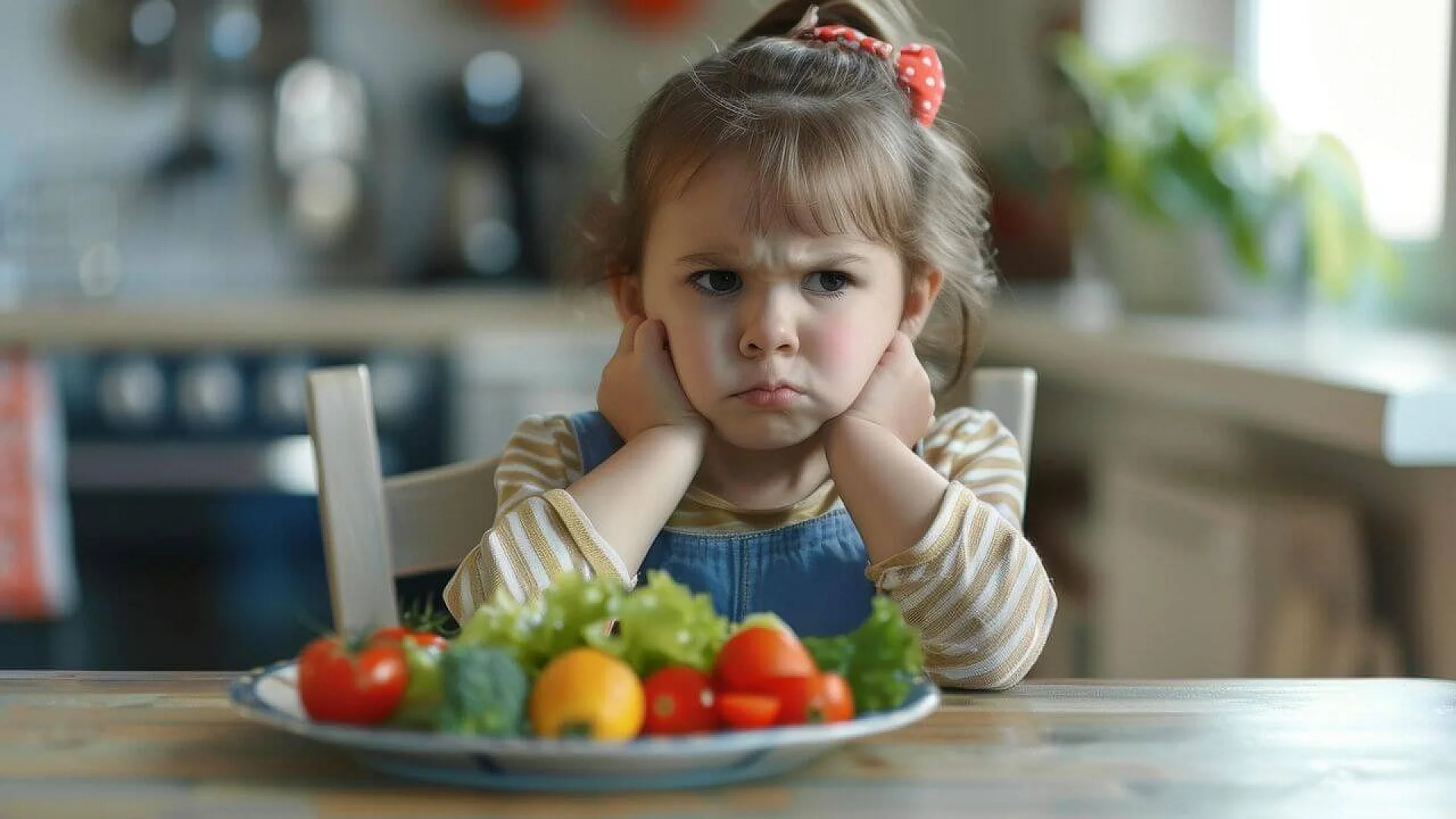 A young girl sits at a dining table with a cross expression and her hands over her ears, refusing a plate of fresh vegetables.
