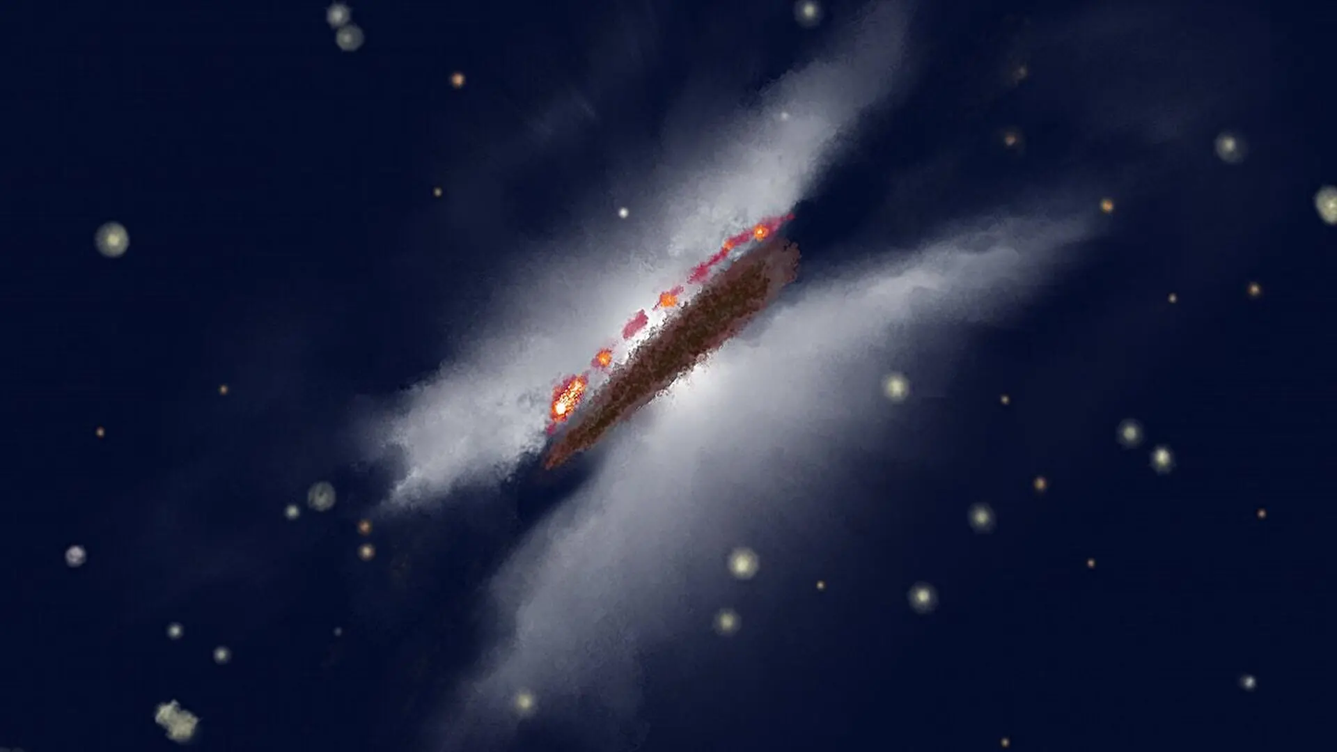 An artist’s impression of Gomez’s Hamburger shows gas and dust rotating around a young star in distinct layers, as mapped by ALMA at millimeter wavelengths. (CREDIT: NSF/AUI/NSF NRAO/P. Vosteen)