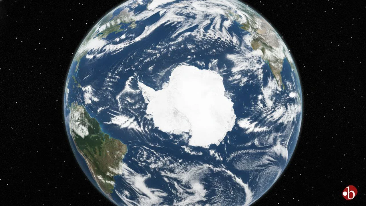A high-resolution satellite view of Earth centered on the South Pole, showing the vast white expanse of the Antarctic Ice Sheet surrounded by the deep blue Southern Ocean and swirling white cloud patterns.