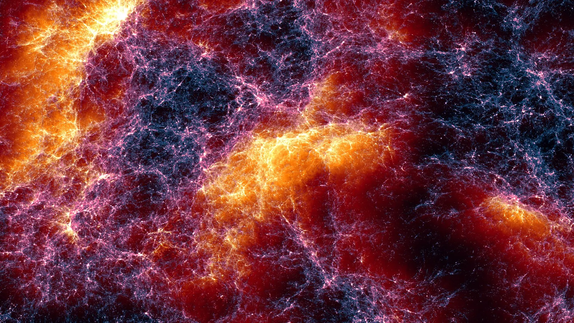 A Lumina simulation reveals 650 million light-years of the cosmic web, with dark matter filaments connecting galaxy clusters and orange-yellow regions highlighting the fastest-moving gas. (CREDIT: Oliver Zier, Center for Astrophysics | Harvard & Smithsonian)