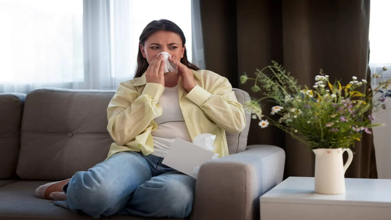 Woman suffering from flower allergy.