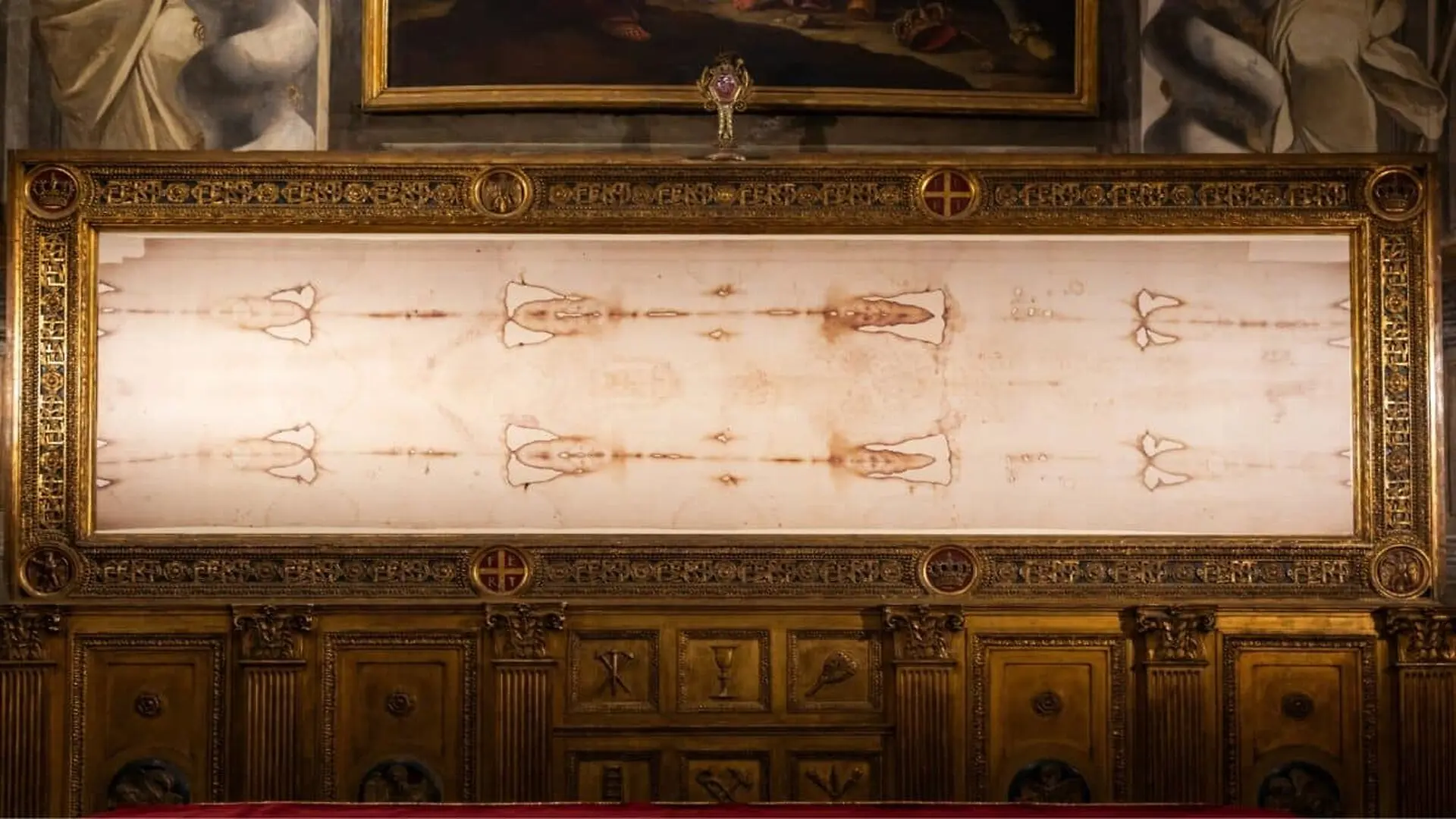 An Official Copy Of The Holy Shroud Is On Display In The Quiet Interior Of The Church Of San Domenico Scaled