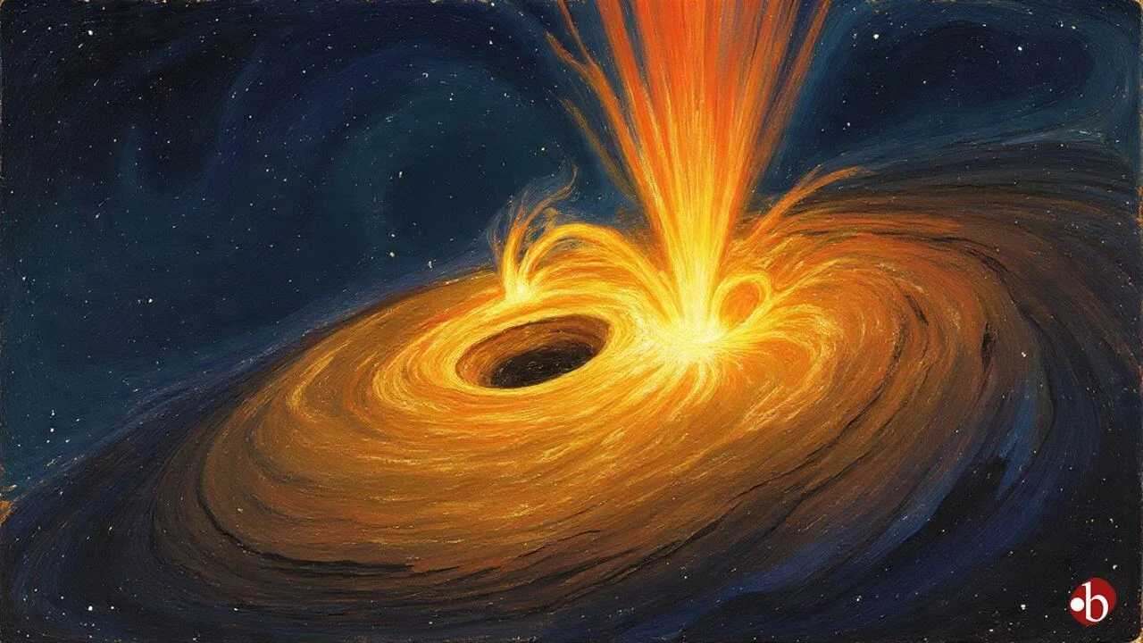 Artistic illustration of a glowing, orange and yellow supermassive black hole with a dark center. A brilliant column of light, representing an ultrafast wind or jet, blasts upward from the center into the dark, star-filled cosmos.