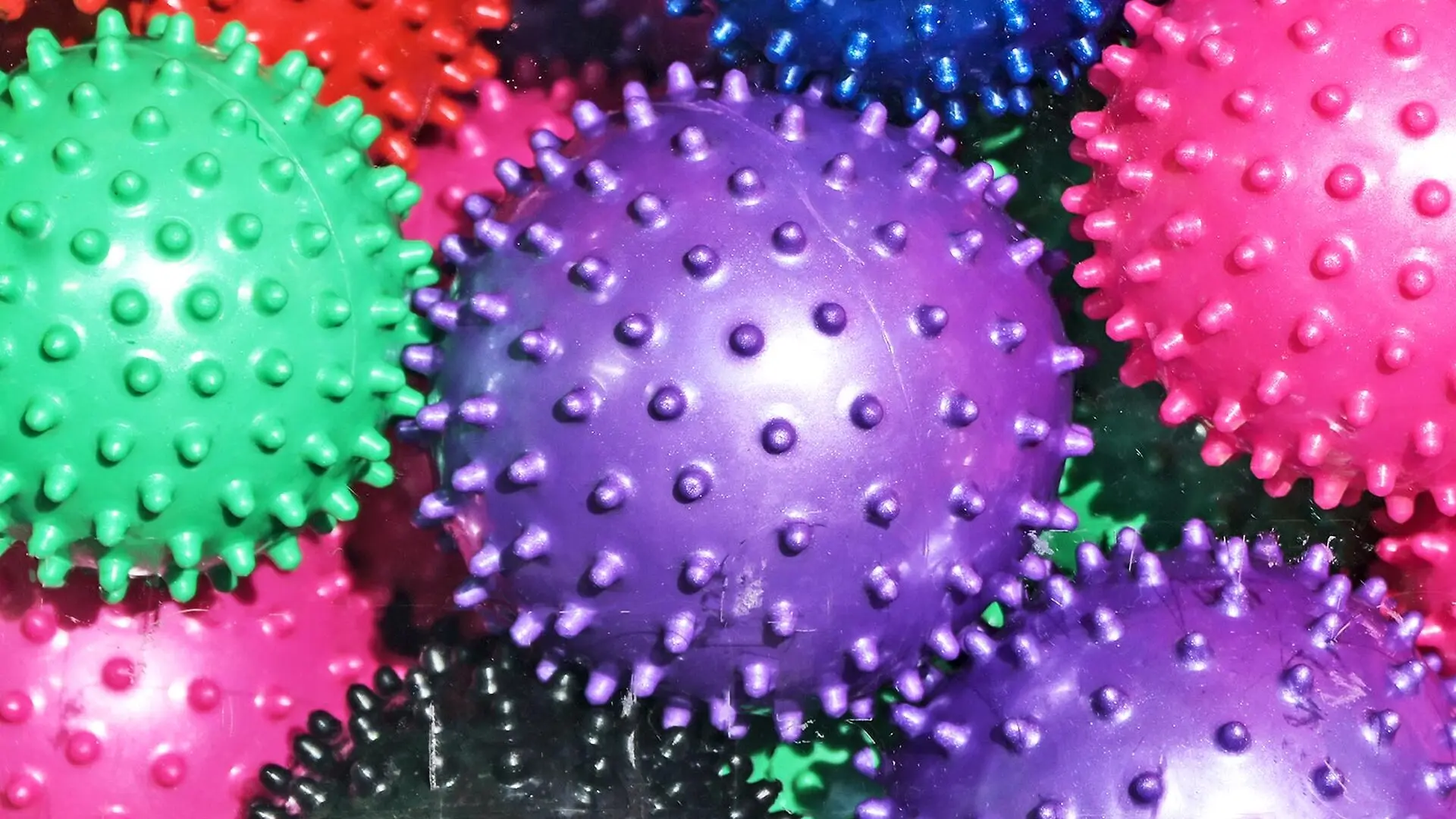 Colorful plastic balls covered in small spikes.