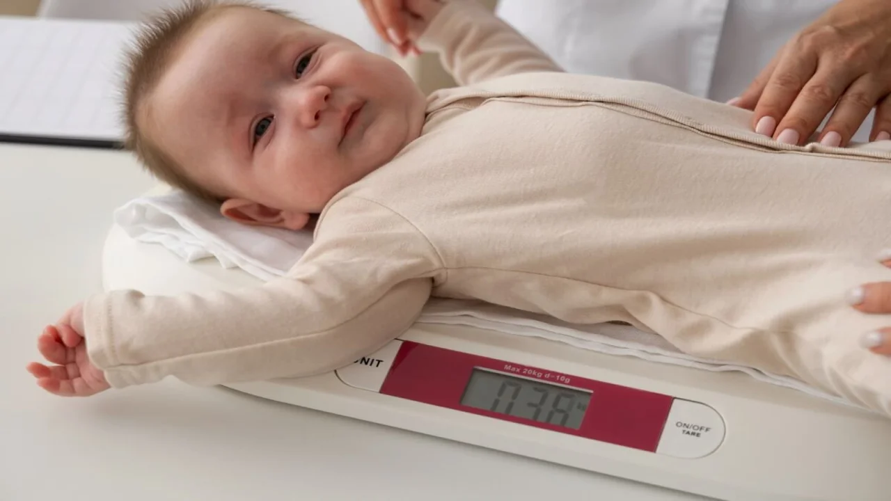 High angle baby on weighing machine.