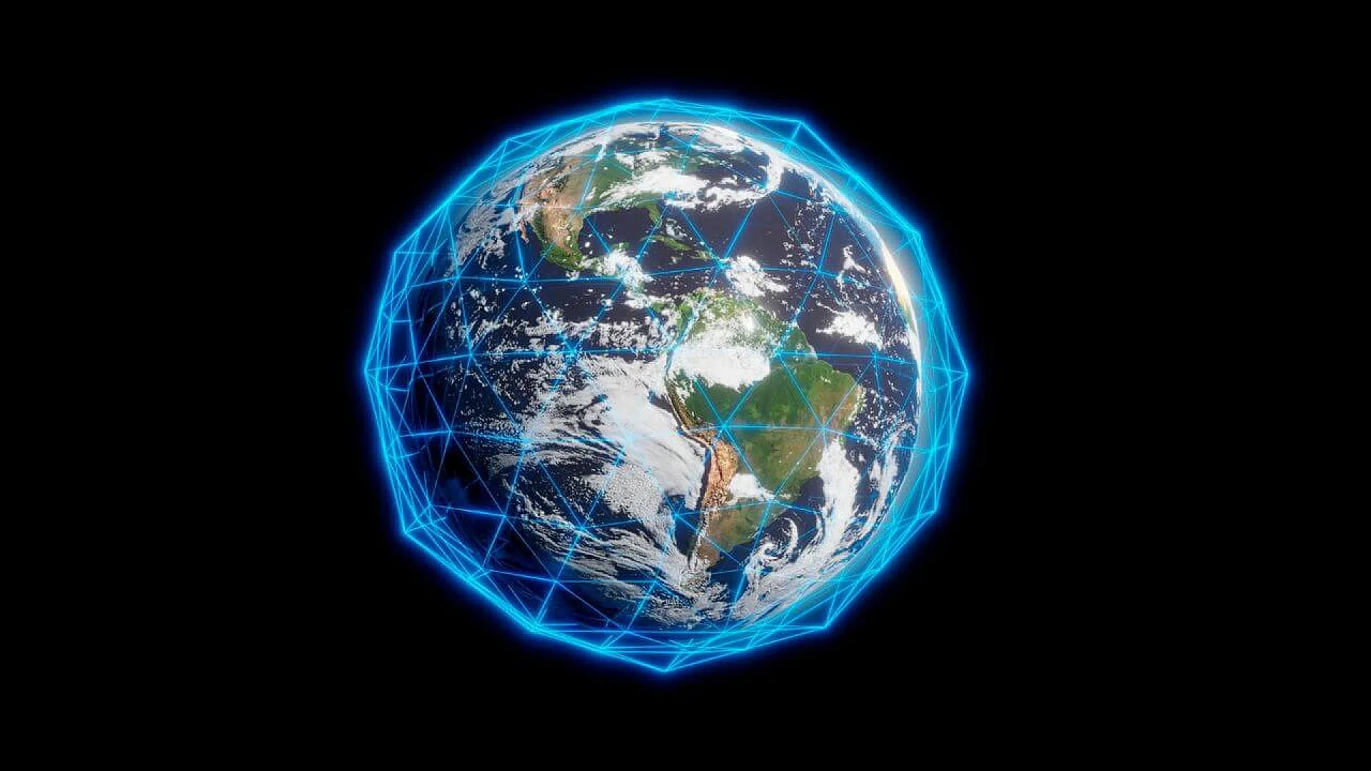 A realistic Earth centered in deep space, encased in a glowing blue geometric wireframe grid that suggests a digital or computational structure.