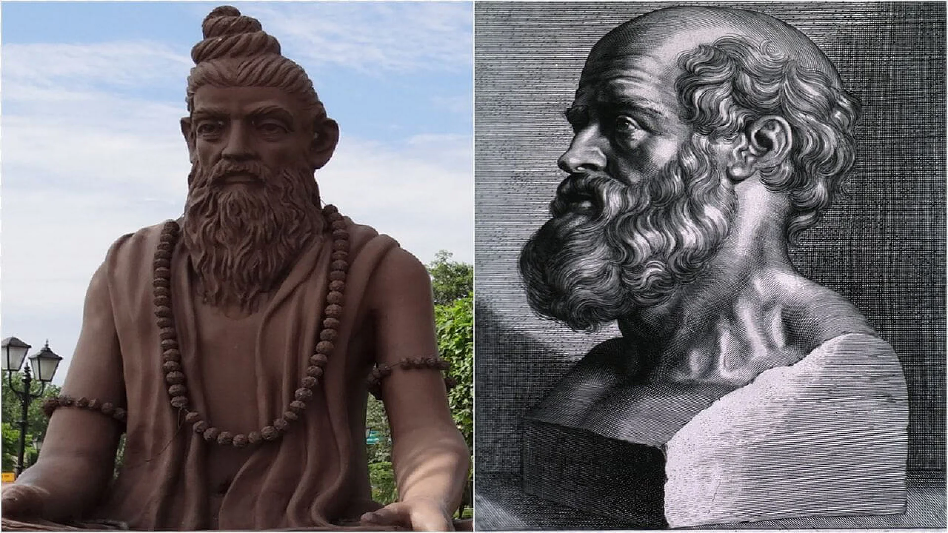 Side-by-side view of a statue of the Indian sage Charaka and a bust of the Greek physician Hippocrates.