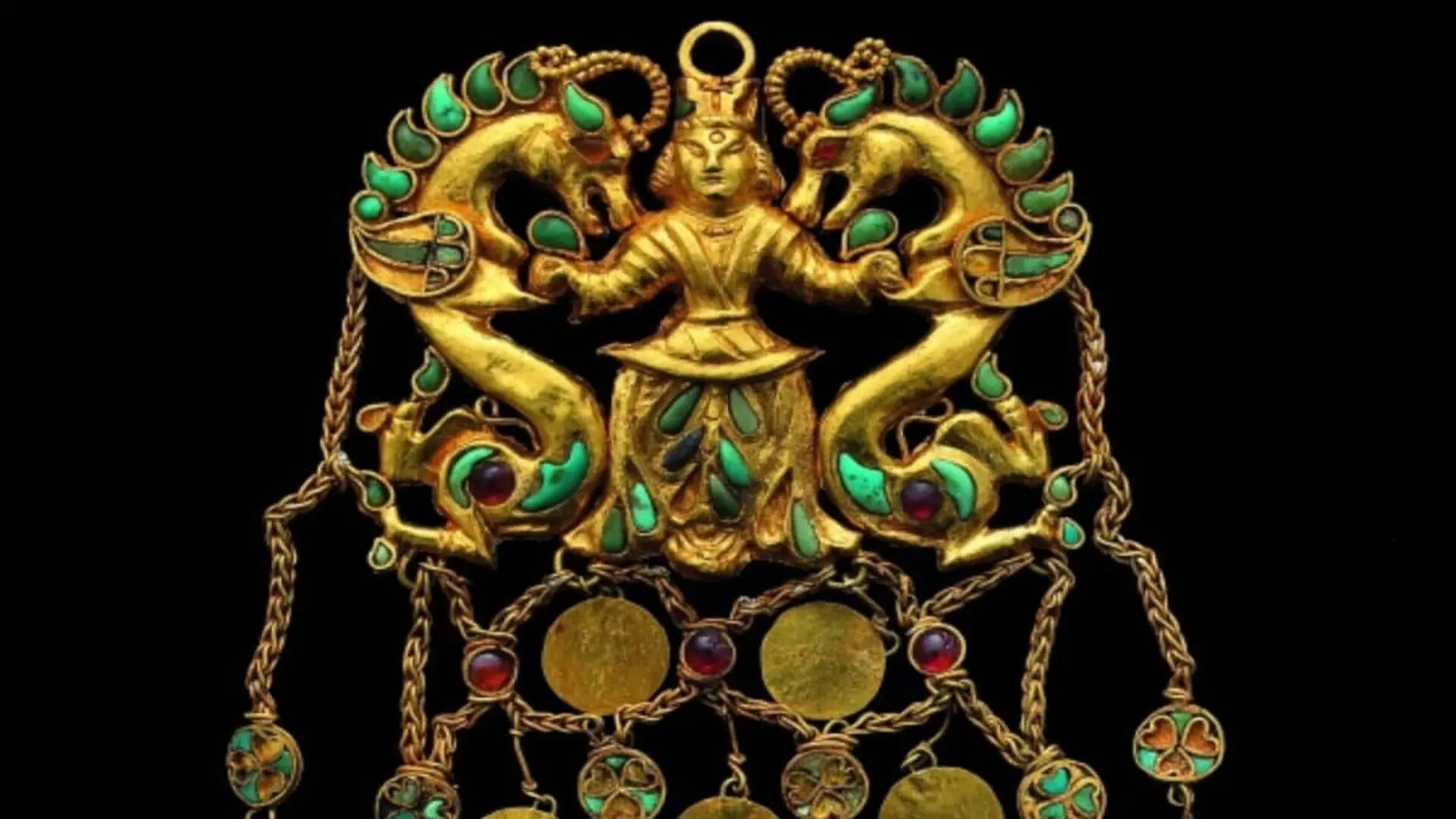 Pendant Showing The Dragon Master Found In The Tomb Of A Nomad Woman In Her 30s Or 40s Gold Turqoise Garnet Carnelian And Pearl Scaled