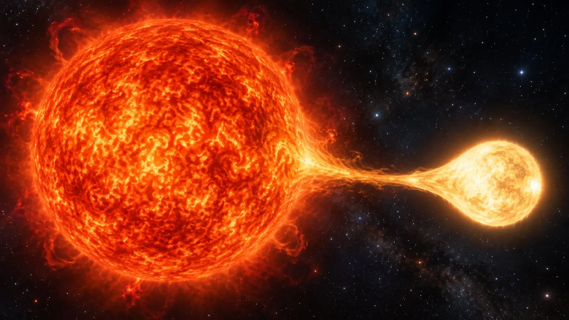 A red giant draws material from a companion star in this illustration. Past mass gain could change how astronomers interpret the giant’s vibrations and estimate its internal magnetic field. (CREDIT: The Brighter Side of News)