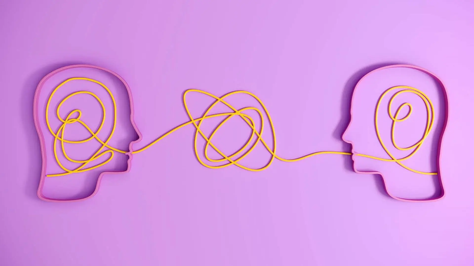 Two outlines of human heads with tangled wires in each that connect between them.