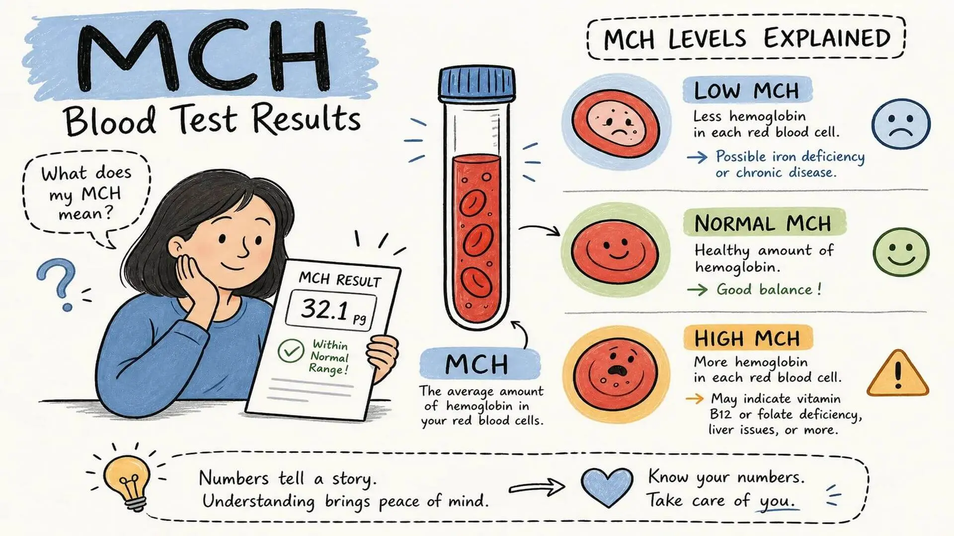 An illustrated infographic explaining mean corpuscular hemoglobin (MCH) blood test results. The graphic contrasts low, normal, and high MCH levels alongside a patient holding a normal laboratory report of 32.1 picograms.