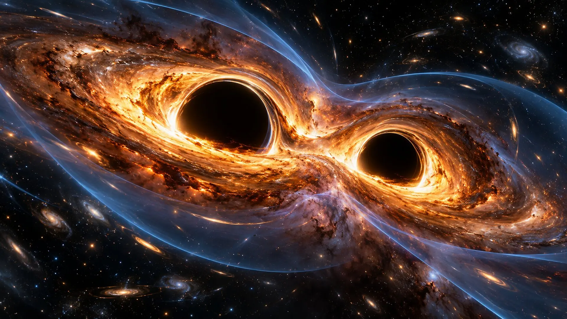 Illustration depicts two approaching black holes, with blue curves representing mathematical gravitational field sheets. A new theoretical study explores how these structures could reconnect and alter energy exchange between gravity and matter. (CREDIT: The Brighter Side of News)