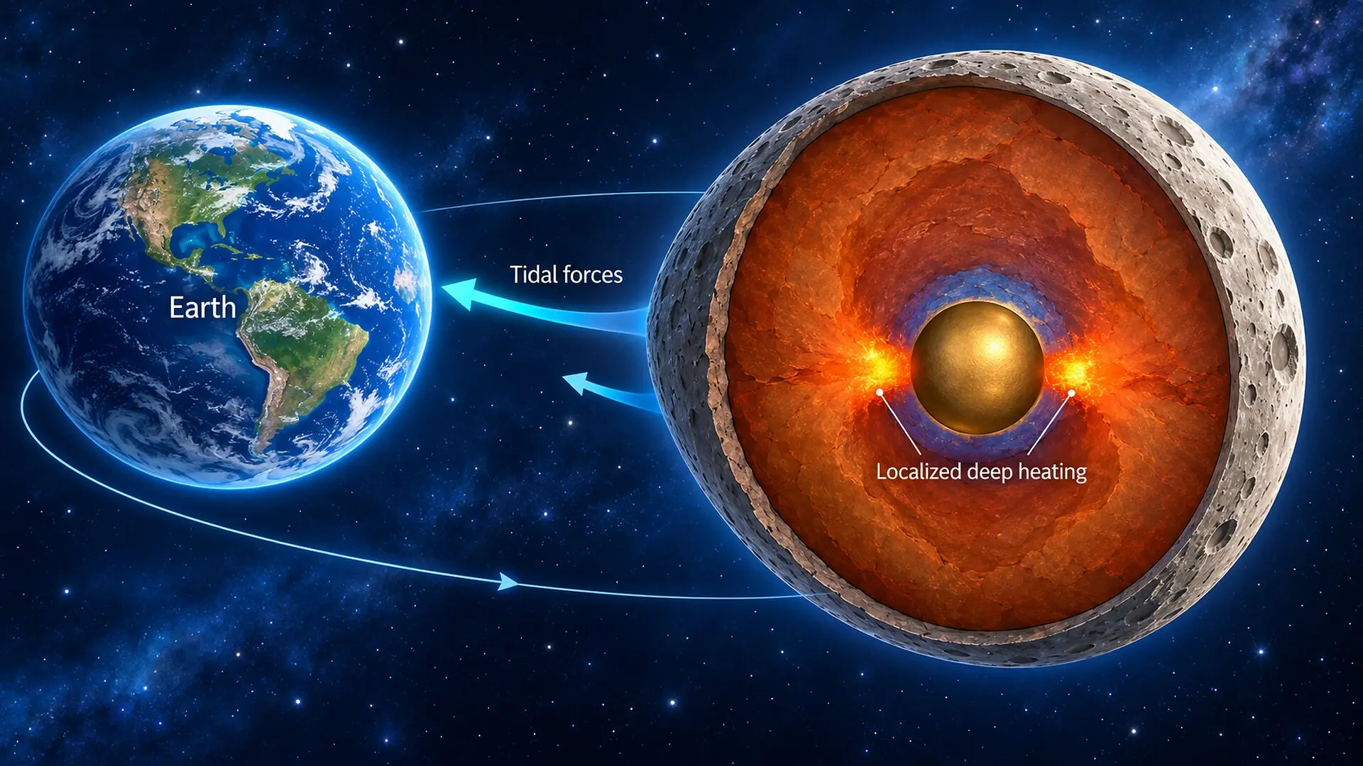 Earth’s tidal pull could have concentrated heat near the Moon’s core-mantle boundary, as illustrated by the glowing regions in this cutaway. The heating pattern is a model prediction; sizes and distances are not to scale. (CREDIT: The Brighter Side of News)