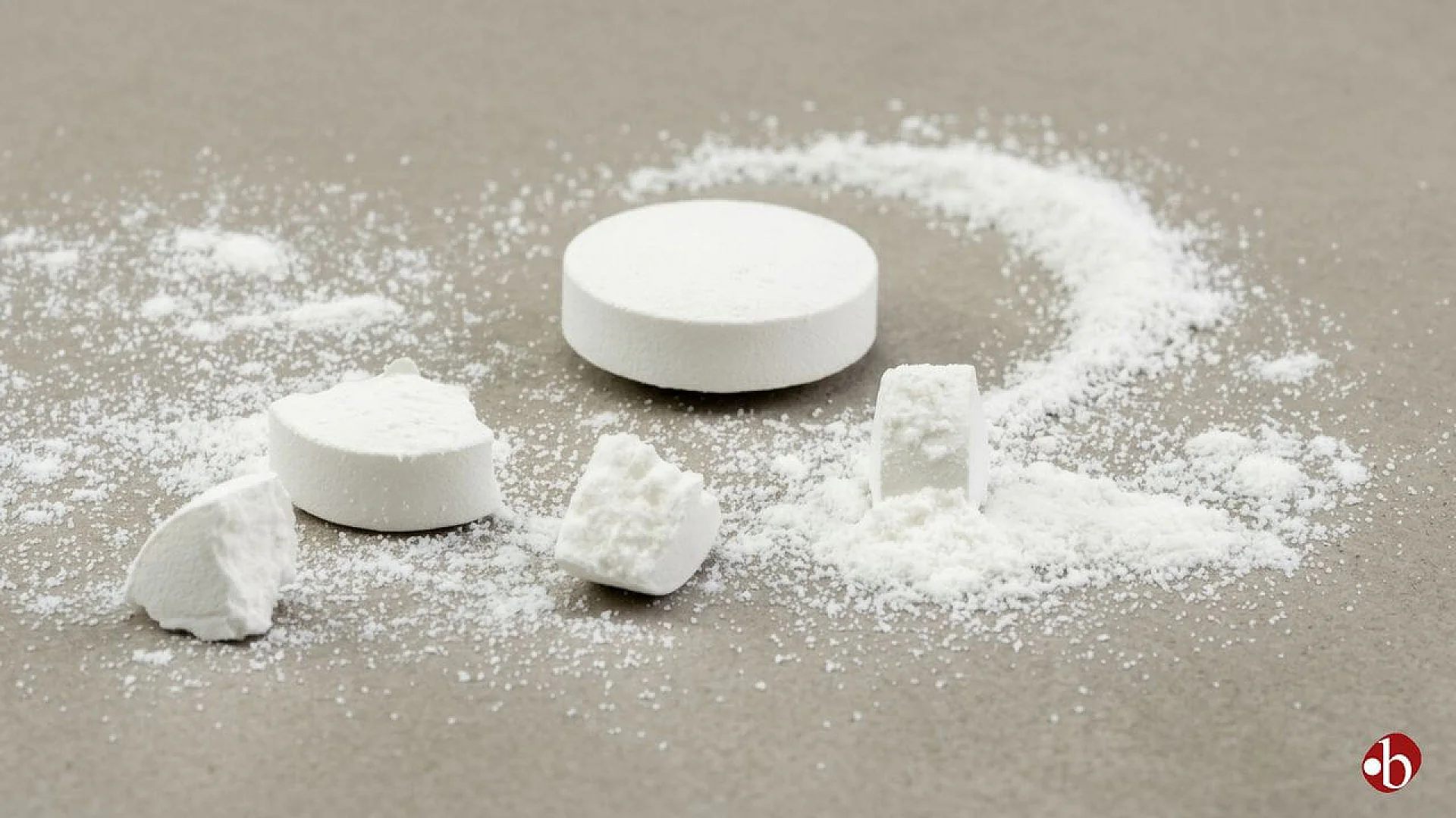 A white circular medicinal tablet sits intact next to several broken pieces of the same pill and a scattered pile of white powder on a gray surface.