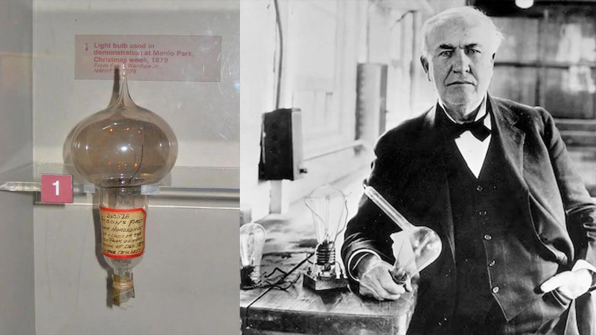 A split-frame image featuring an original 1879 Edison light bulb with a handwritten tag alongside a portrait of Thomas Edison holding a glass vacuum tube in his laboratory.