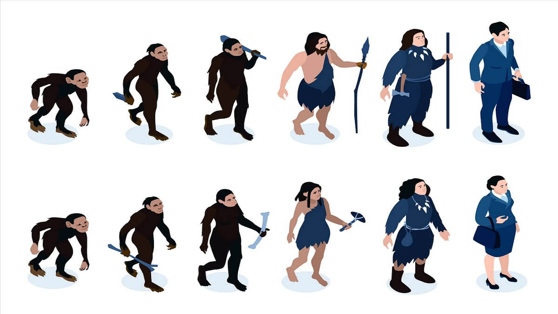 Isometric human evolution color set with characters of neanderthal men and women with instruments of labour vector illustration.