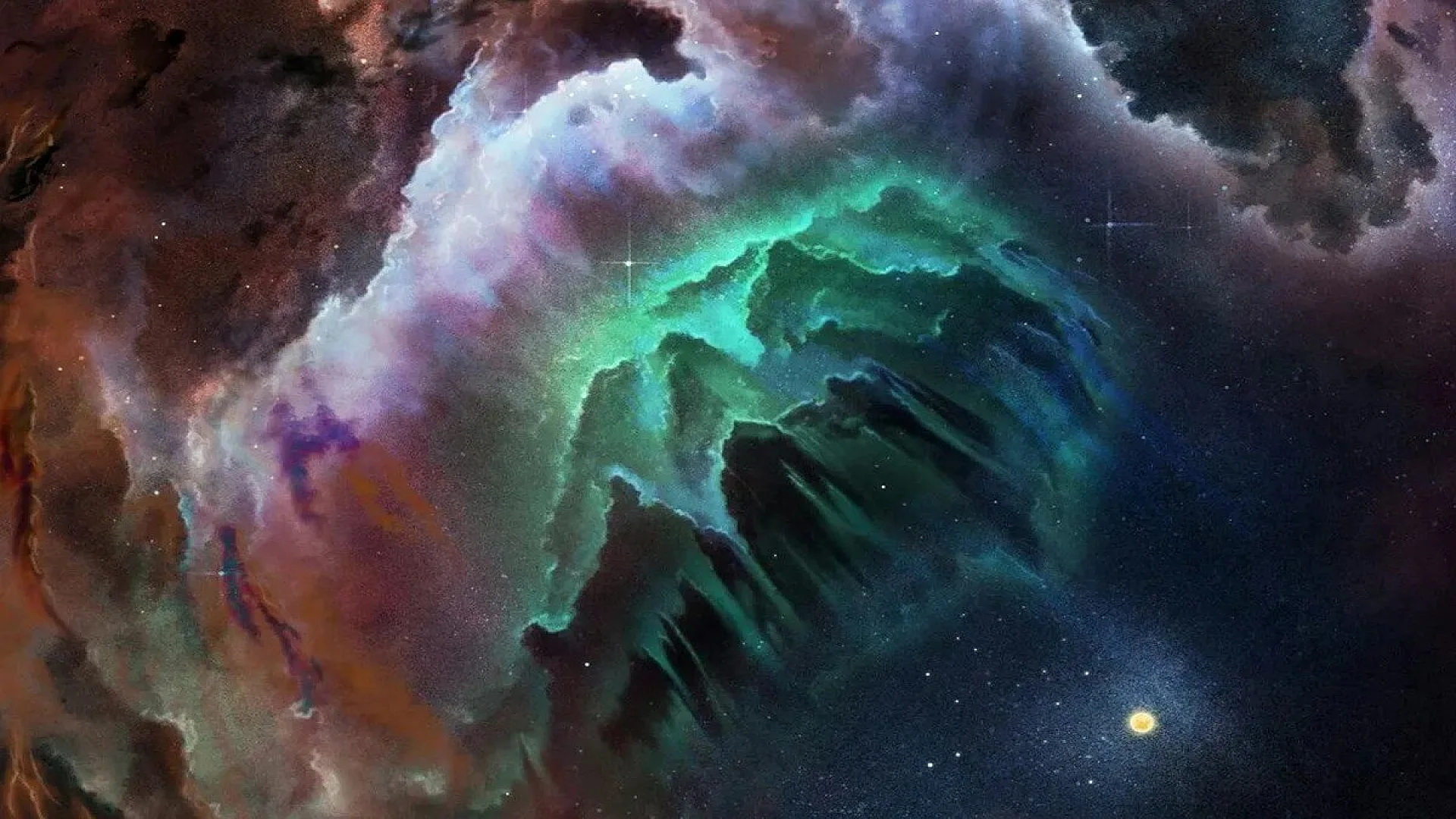 A cloud in space with wisps of green, blue, purple and reddish gas swirling around a dark, jagged core, set against a star-filled background with a glowing yellow star at the lower right.