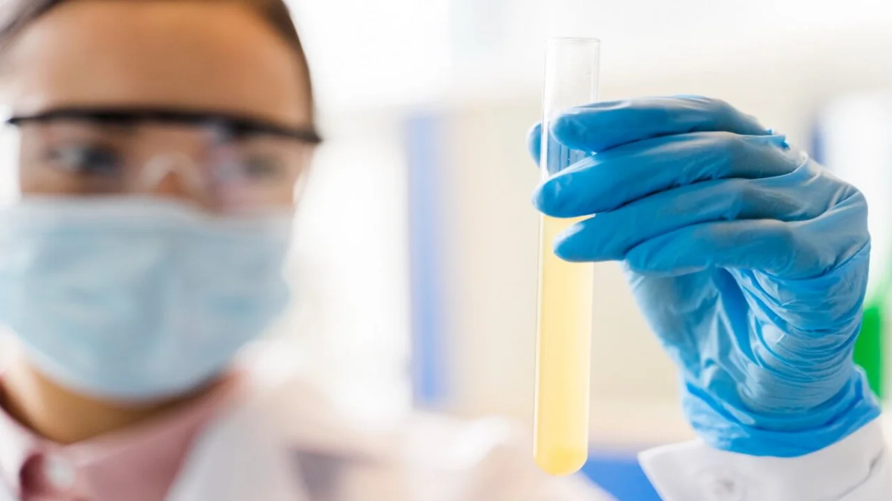 Free photo defocused female scientist holding lab substance.