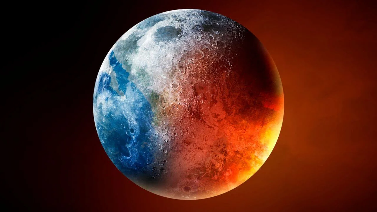 A conceptual image of a sphere with a glowing hot orange and red side and a cool blue-white side, representing intense energy contrasts in space.