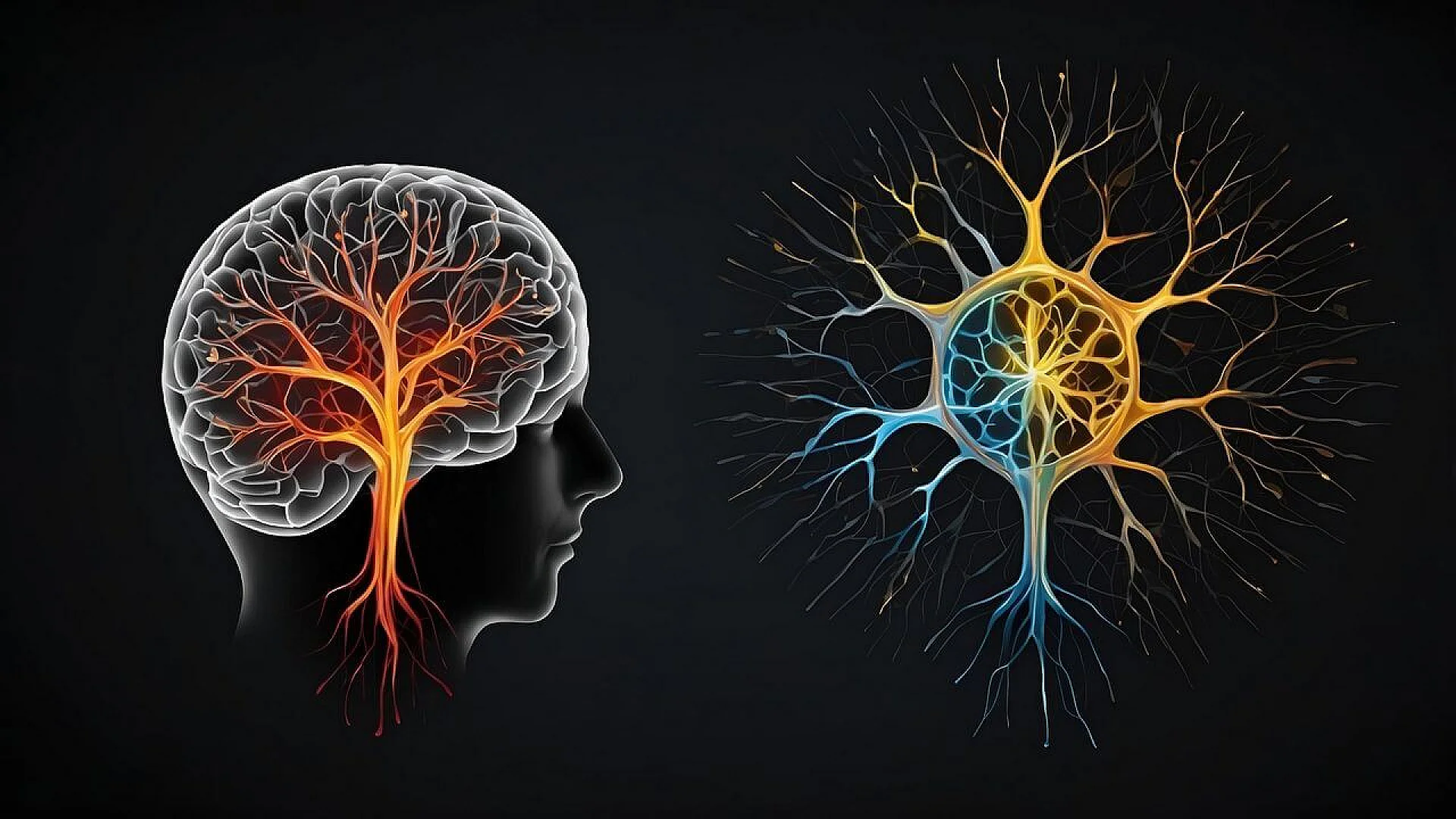 A side-profile silhouette of a human head containing a glowing orange tree-like network of neurons, positioned next to a large, isolated neural cell structure with branching dendrites in gold and blue.