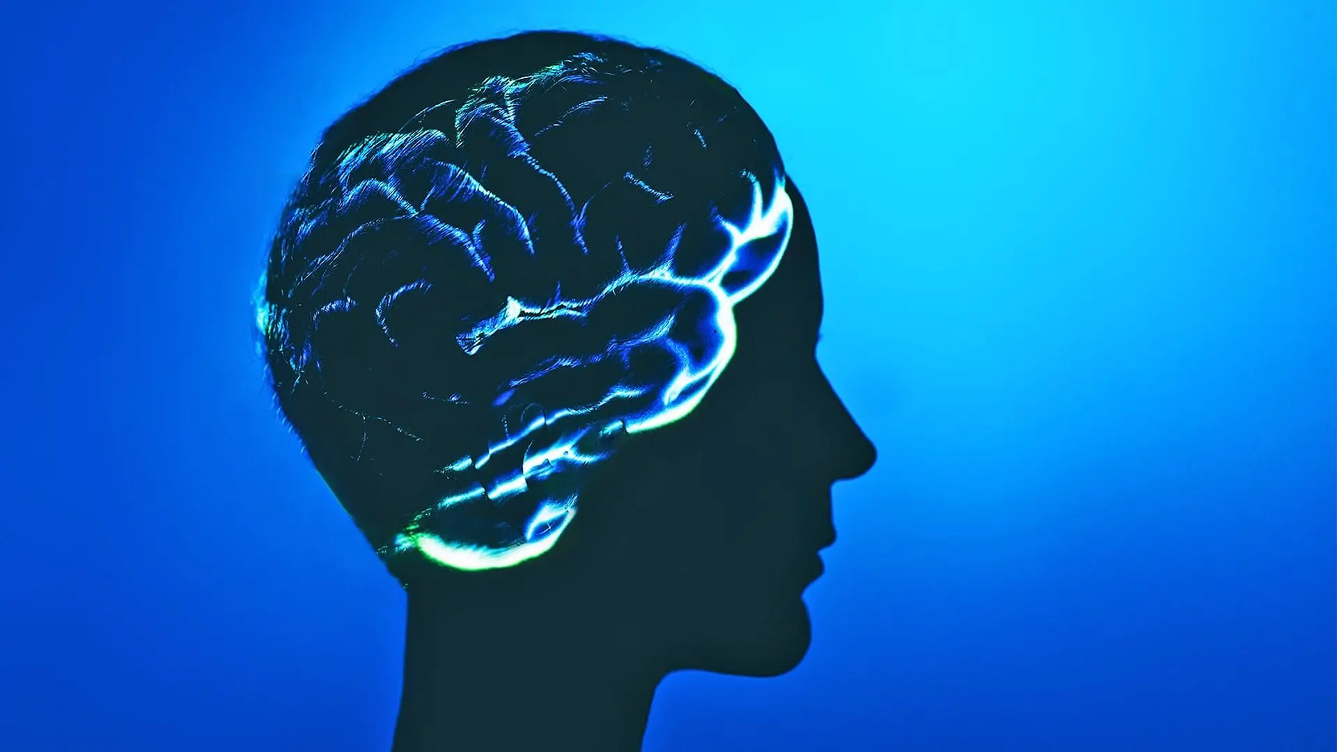 A side profile silhouette of a human head with a glowing brain projected onto it.