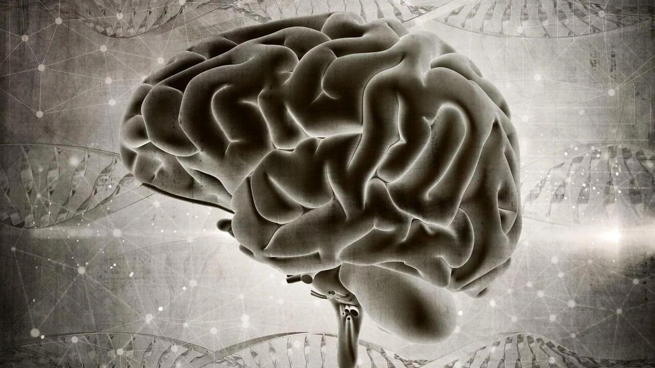 A stylized 3D rendering of a human brain in profile, set against a grunge-textured background featuring faint DNA double-helix structures and a neural network of connected dots.