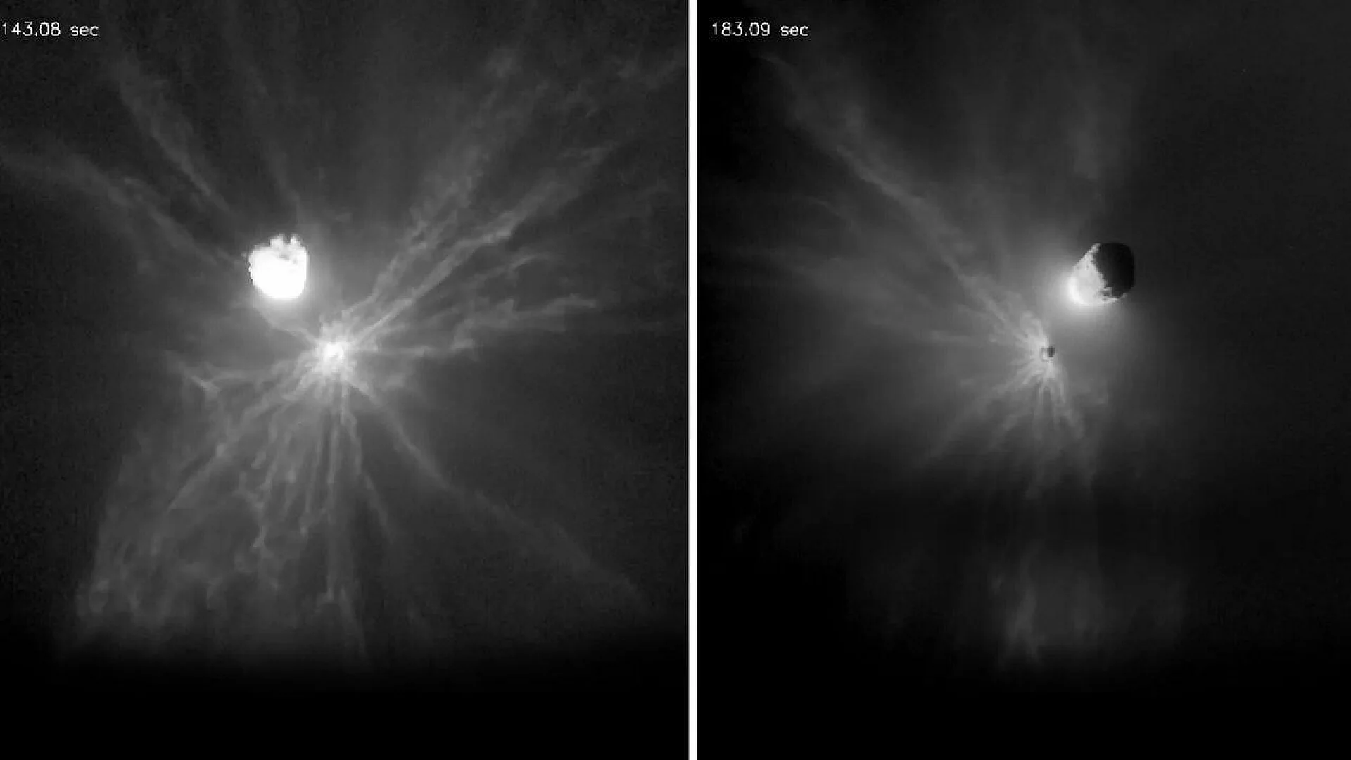 Two side-by-side grainy, black-and-white space telescope images showing a bright plume of debris radiating from the Didymos-Dimorphos asteroid system shortly after the DART impact.