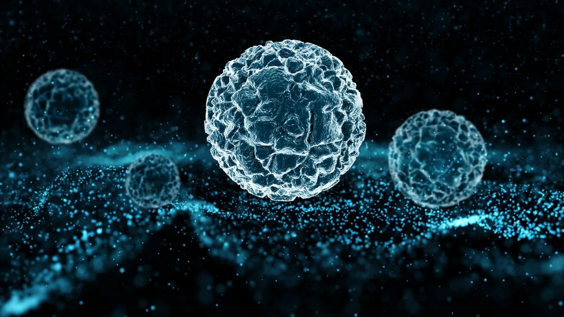 A digital rendering of three spherical cell-like structures with rough, porous surfaces, glowing in light blue against a dark, particulate background.