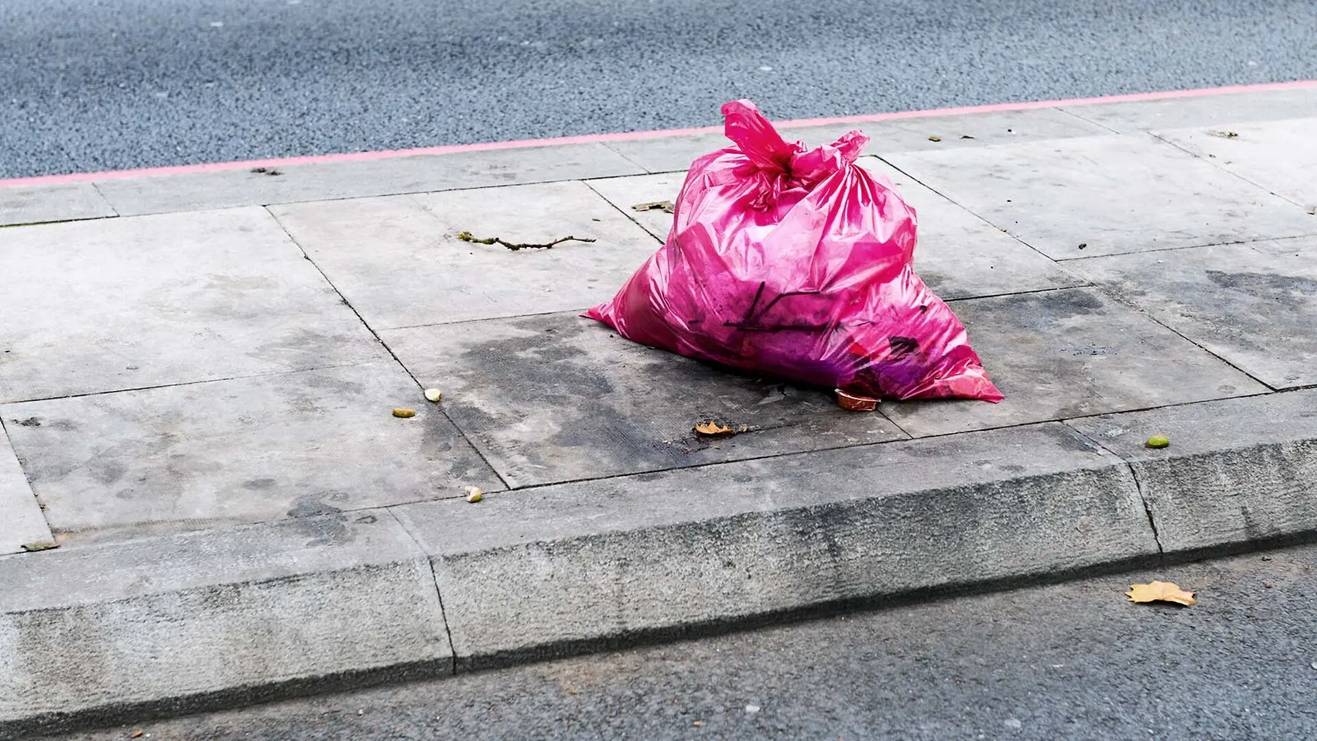 A pink trash bag sits on a sidewalk.
