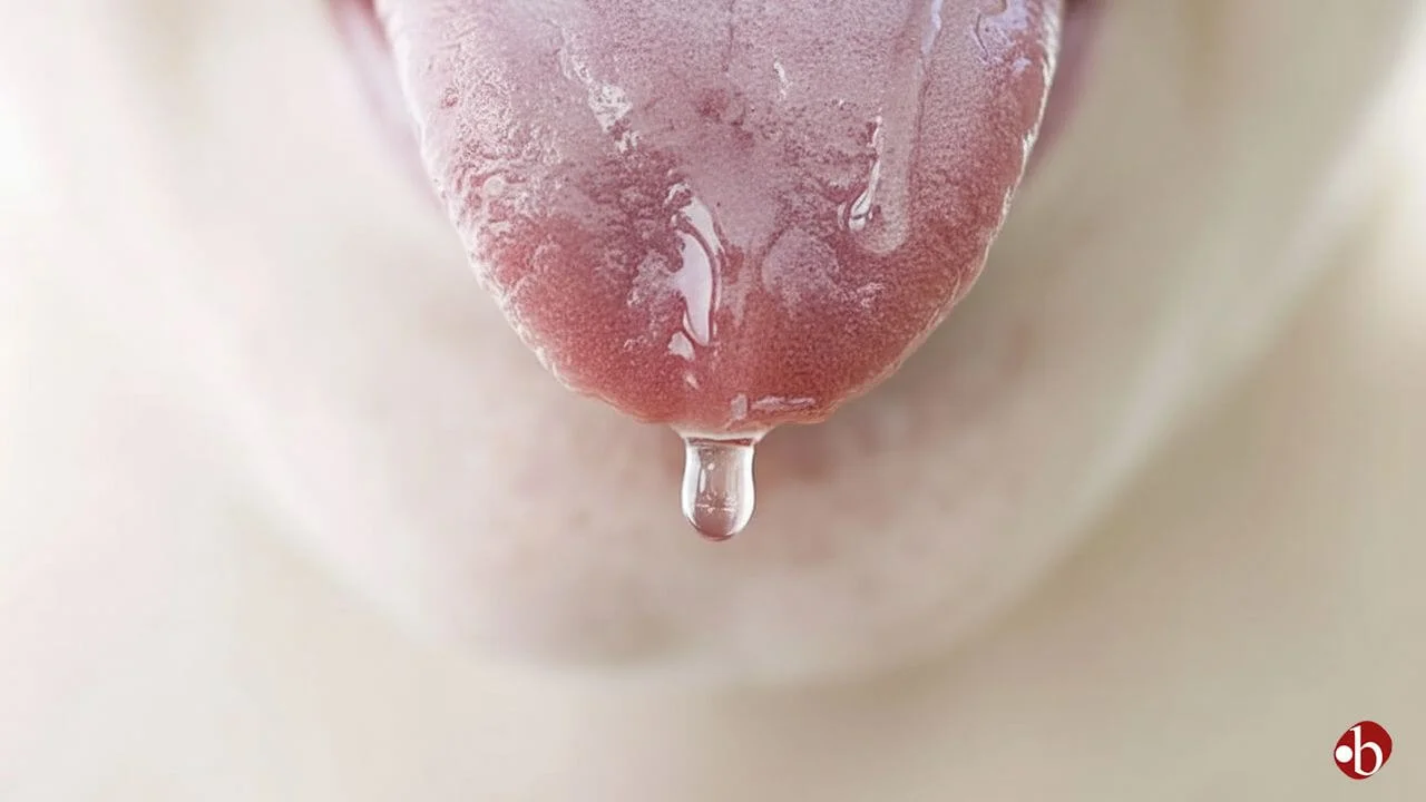 Close-up of a pink tongue with a single, clear drop of saliva dripping from the tip against a soft, out-of-focus background.