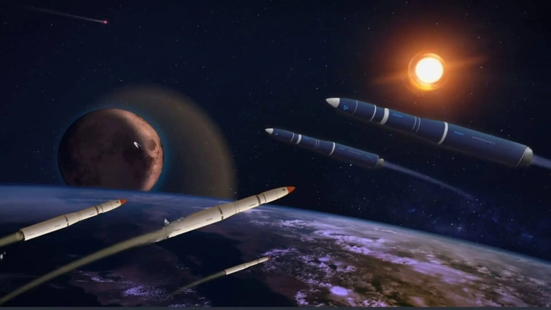 Hypersonic Missiles Or Rockets Over An Apocalyptic Earth A Comet Streaks Through Space Scaled