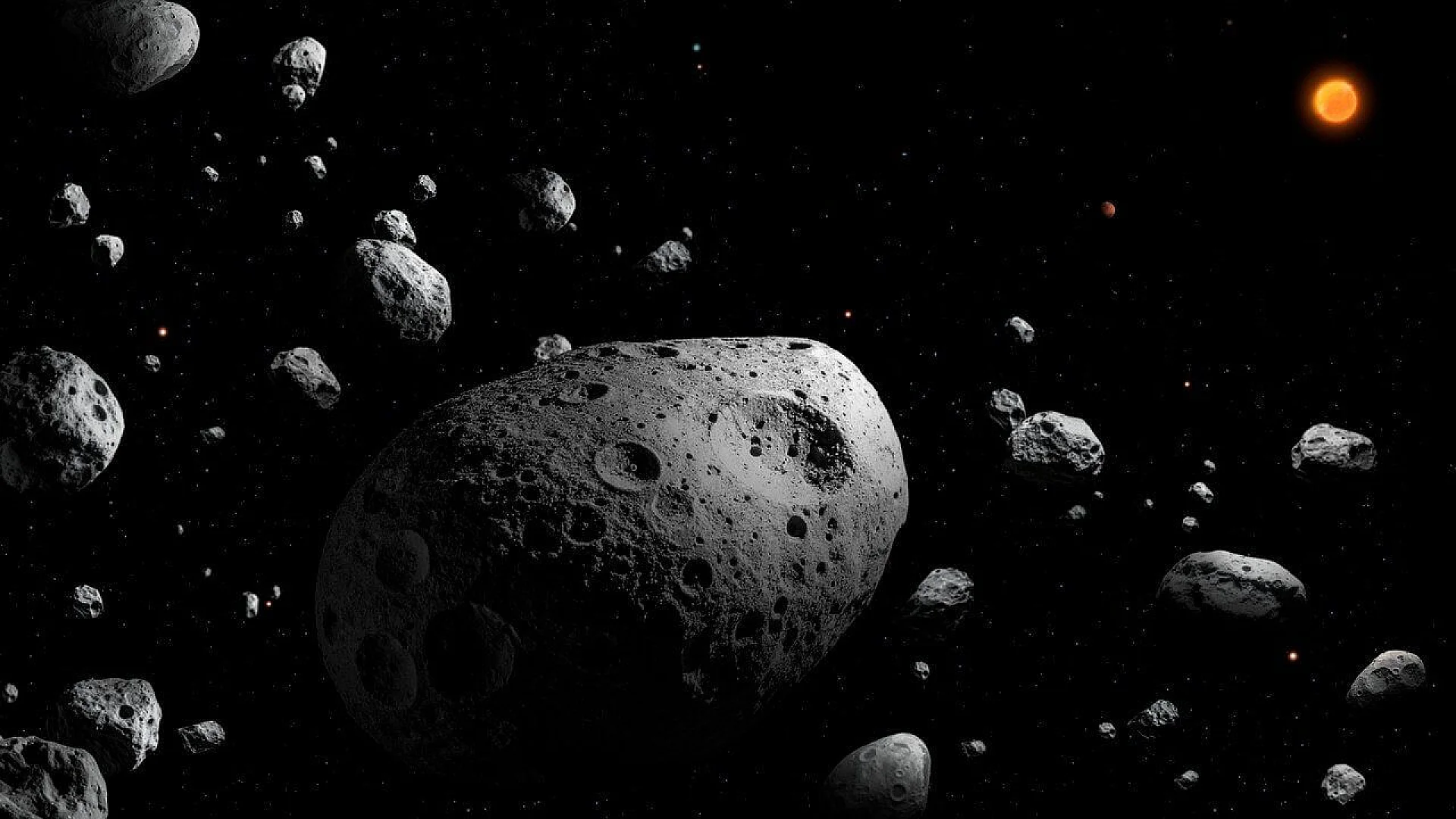 An artist’s illustration of a dense field of cratered, grey asteroids of various sizes floating in deep space against a backdrop of distant stars and a glowing orange sun.