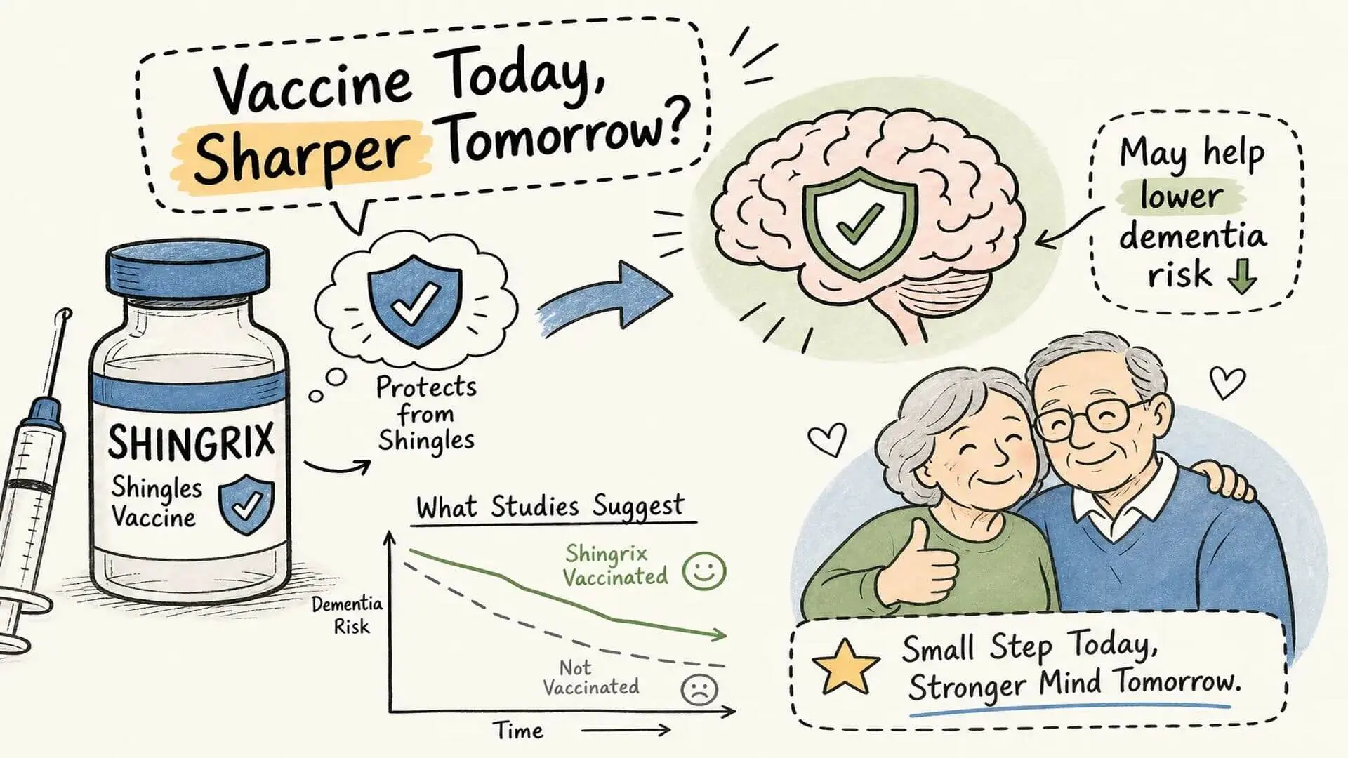 An illustrated diagram showing the potential link between the Shingrix shingles vaccine and lower dementia risk.