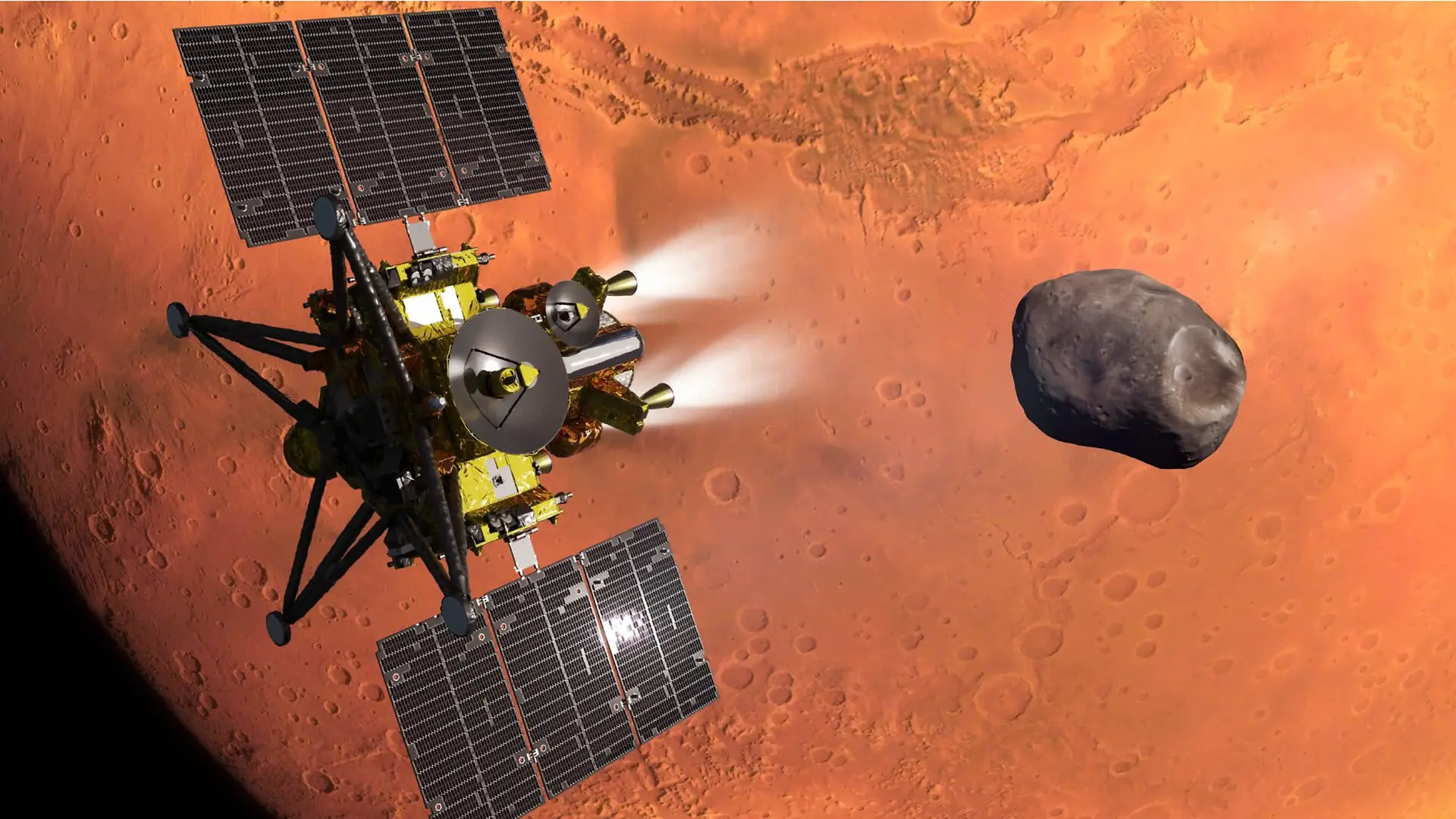 An artist’s impression of JAXA’s MMX spacecraft entering orbit around Mars, with Phobos, the mission’s target for exploration and sample collection, in the background. (CREDIT: JAXA)