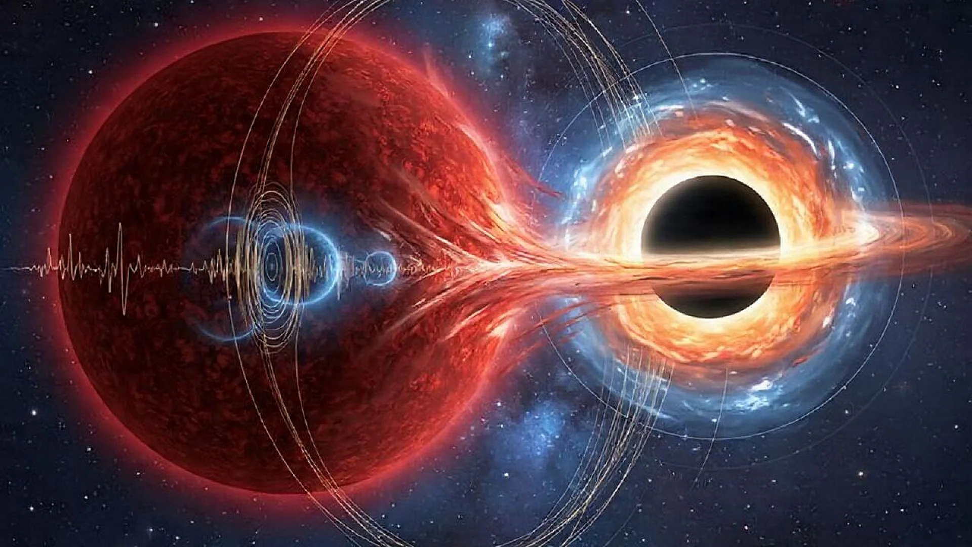 An AI-generated image shows a massive, glowing red giant star on the left, being distorted and stretched by the gravitational pull of a quiet black hole on the right.