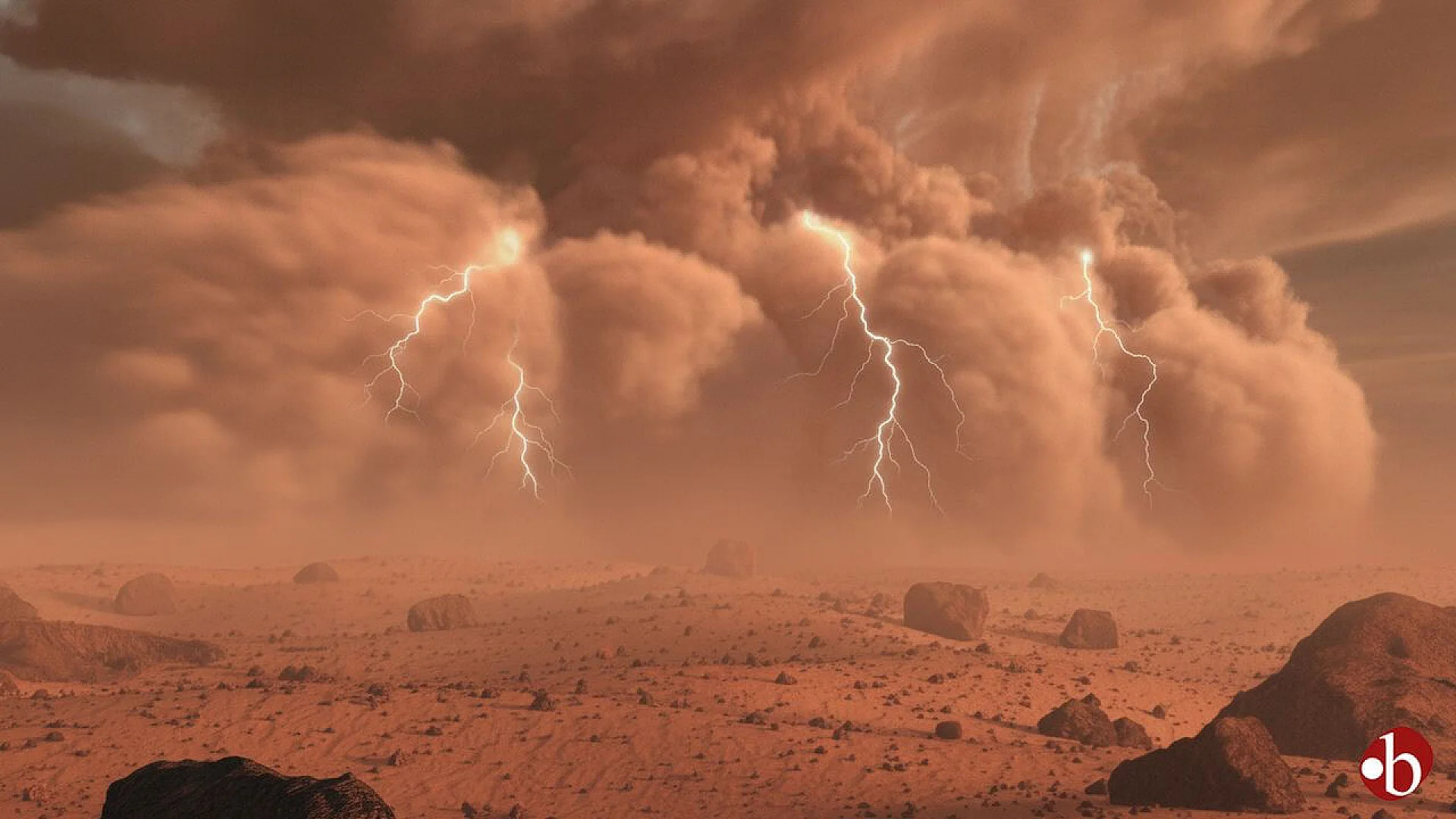 Red illustration of a dust storm on Mars with multiple lightning bolts visible in the clouds.